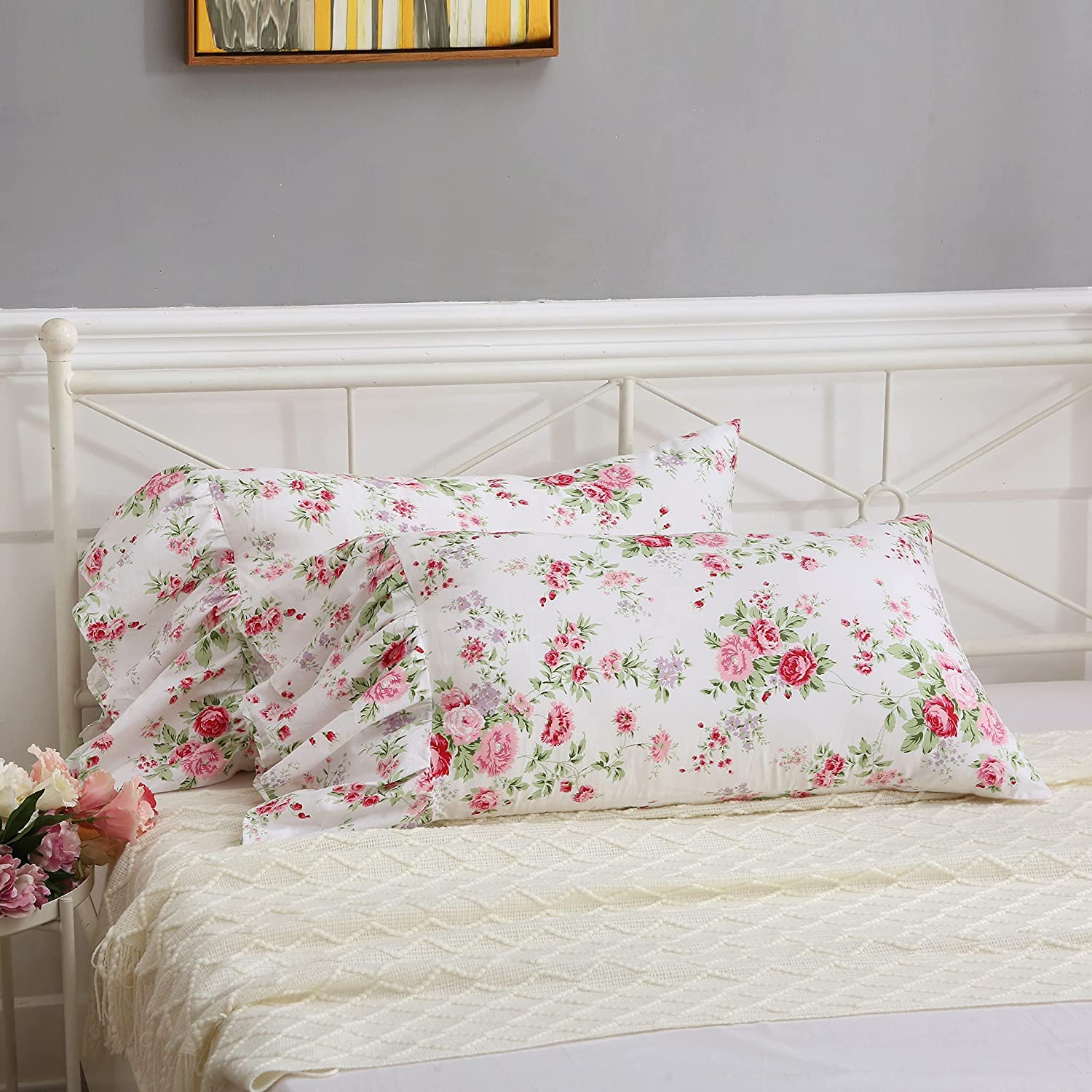 Rose Floral Long Ruffles Cotton Pillow Shams Set of 2 - King Size Bedding, Decorative Cushion Covers for Master Bedroom, Living Room Sofa, Home Decor