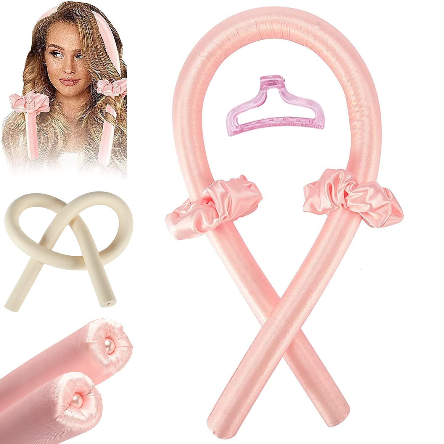 SHOPOGENIX Heatless Hair Curler Set - Soft Silk No Heat Curling Rod Headband & Hair Rollers for Long Hair with Hair Clips & Scrunchies | Overnight Curling Styling Tools for Women (Rose Red) | Perfect for Bedtime, Travel & Damage-Free Curls
