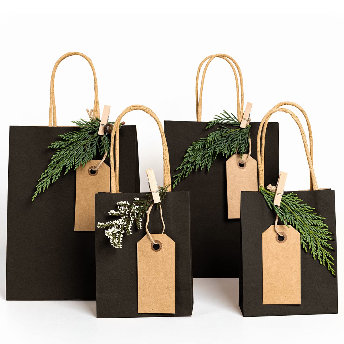 Premium Black Kraft Paper Gift Bags with Handles - 5x3x8, 8x4x10 & 10x5x13 Inches (30 Pack) - Eco-Friendly Party Favor Bags for Birthdays, Retail Shopping, Grocery Takeout & Wedding Favors