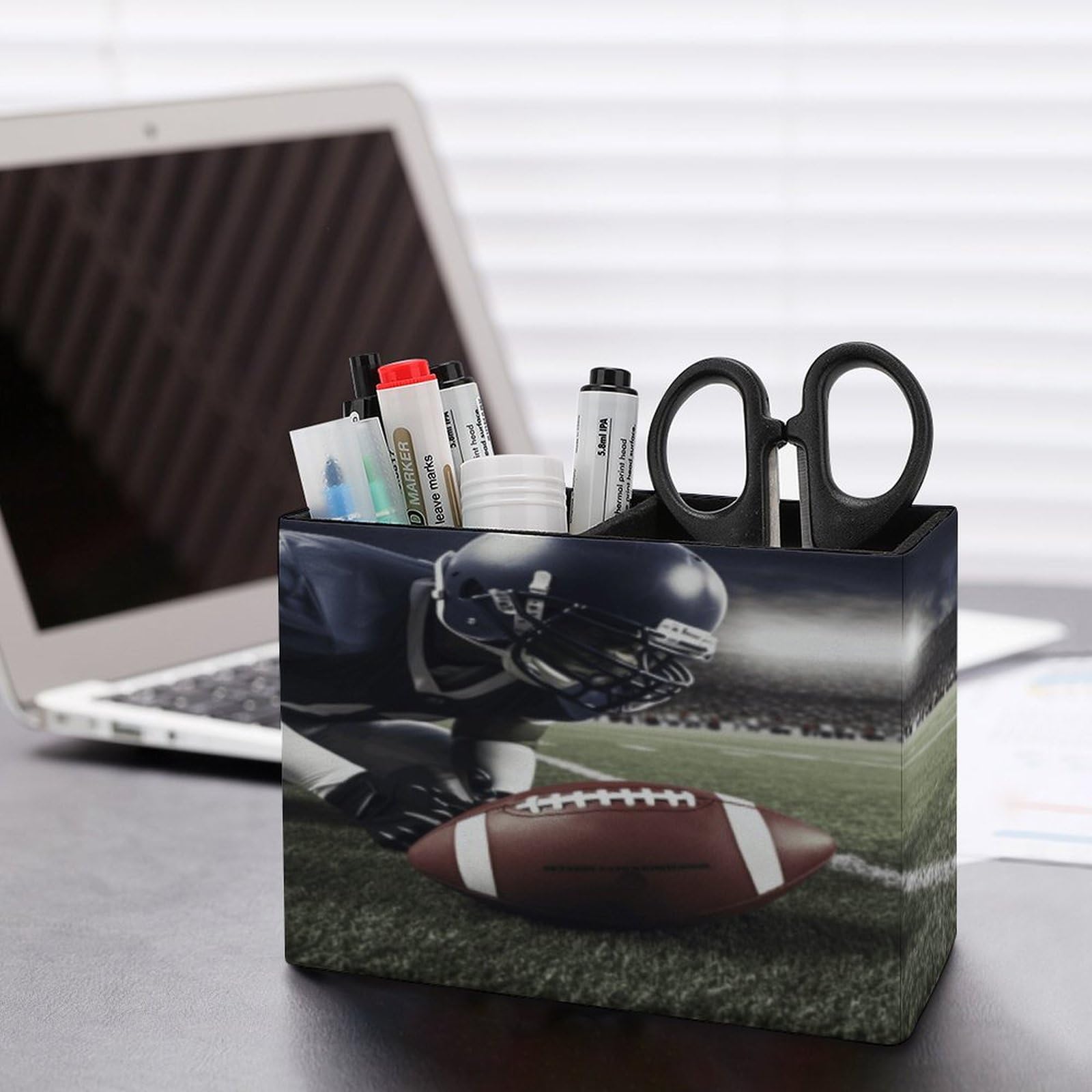 YJWANDO Leather Pen Holder - American Football Print Office Desk Organizer - Premium Leather Desk Accessory & Pen Cup for Home Office, School, or Gift (Brown)