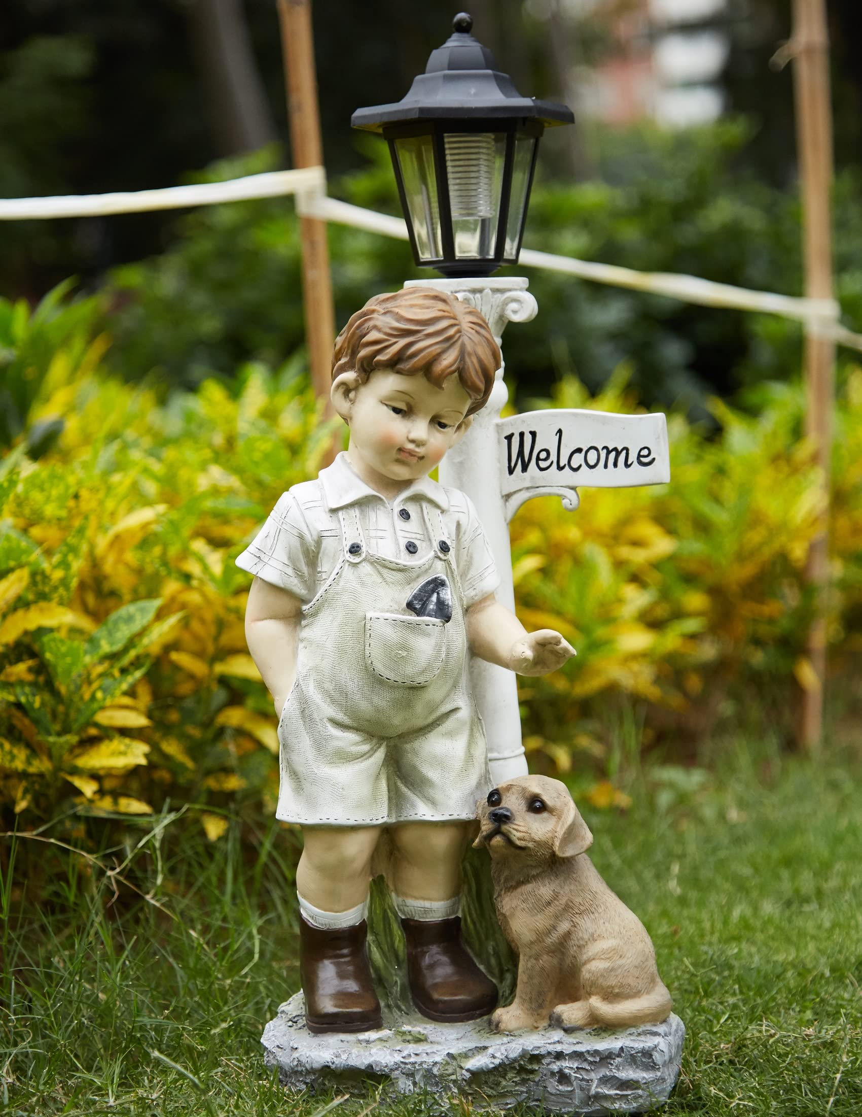 Solar Boy Statue Welcome Sign - 23.2 Inch Resin Garden Decor for Porch, Lawn & Yard - Weatherproof Outdoor Art for Home & Garden Decoration - Perfect for Patio, Front Door & Landscape Design