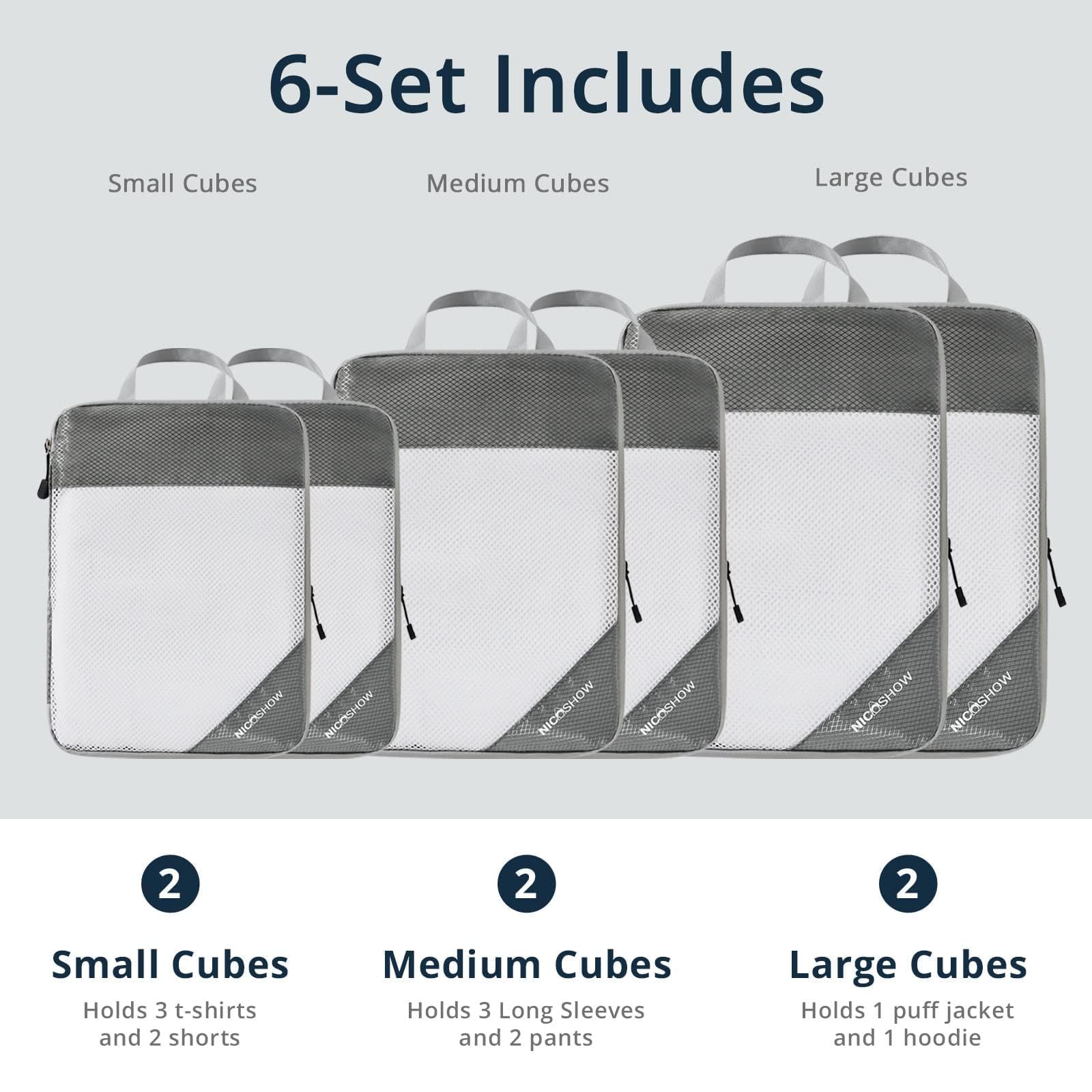 6-Piece Set of Compression Packing Cubes for Travel - Lightweight, Space-Saving Luggage Organizers with Compression Zippers | Perfect for Women's Travel Essentials, Business Trips & Vacation Packing (Grey)