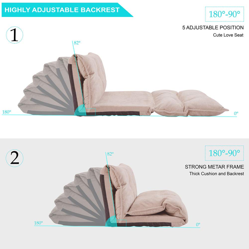 Foldable Floor Sofa Bed - Soft Upholstered Adjustable Recliner Lounger for Living Room, Gaming, and Guest Sleeping | Includes 2 Pillows | Beige | Perfect for Small Spaces, Movie Nights, and Relaxation