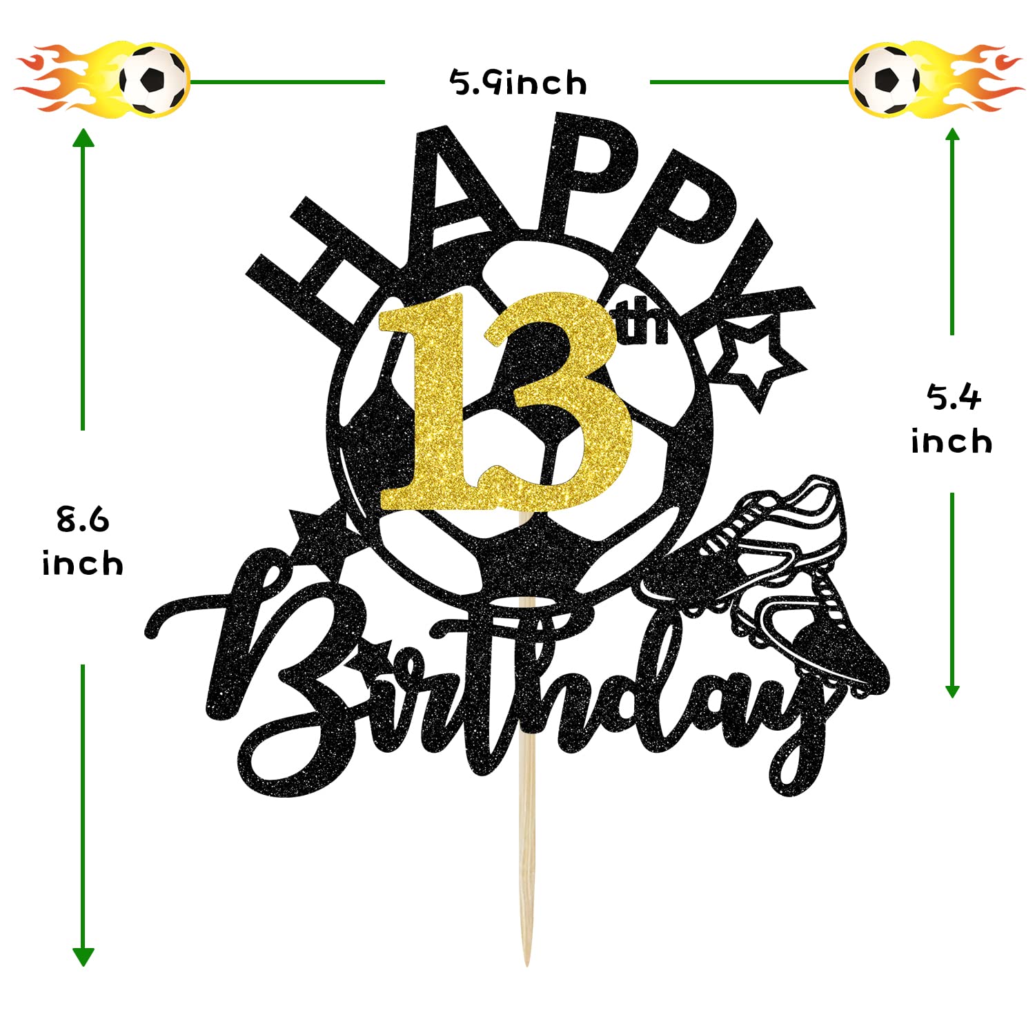 Glitter Soccer Happy 13th Birthday Cake Topper - Soccer Player & Football Theme Party Decorations for Boys & Girls - Perfect for Birthday Cakes, Cupcakes, and Dessert Tables at Sports-Themed Celebrations