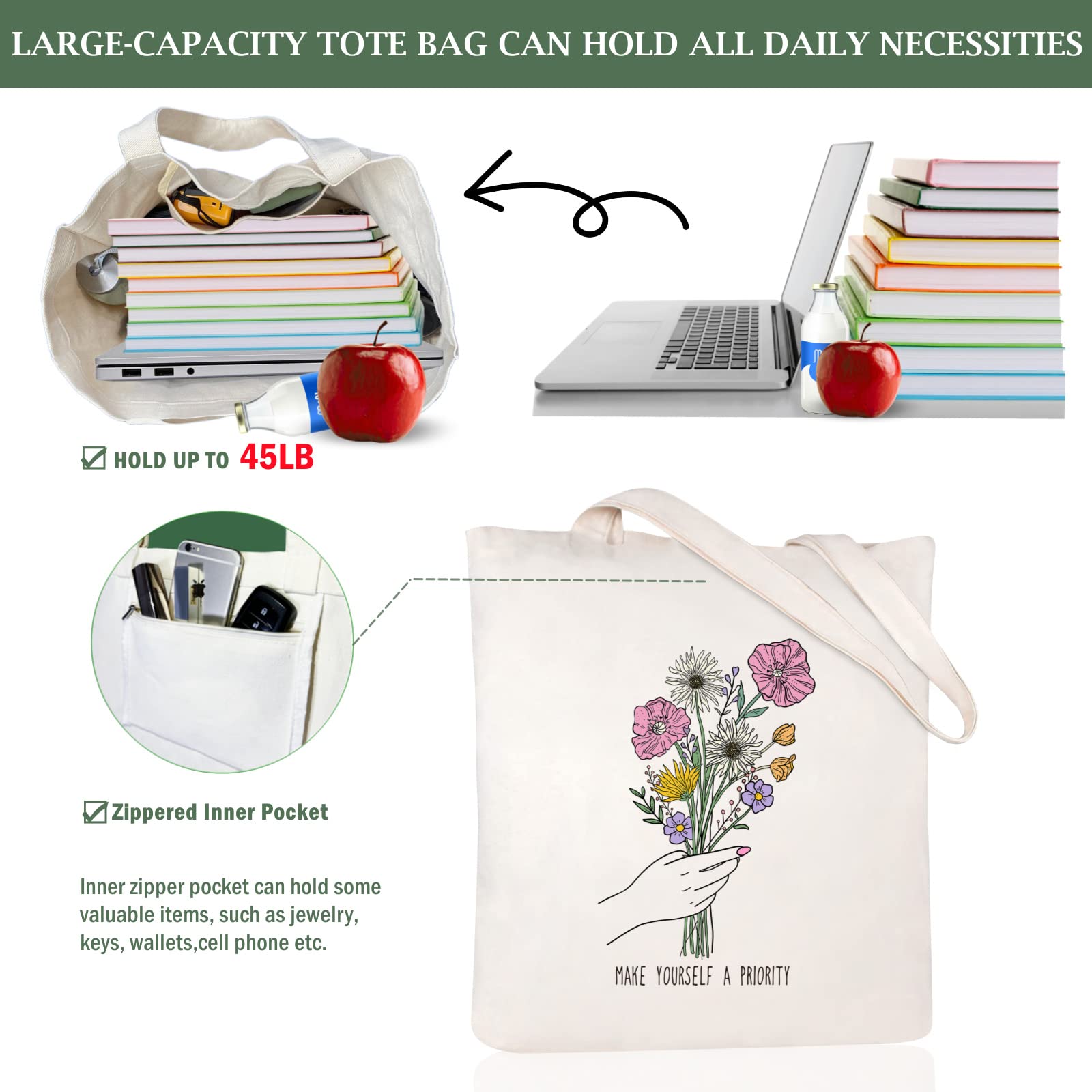 Andeiltech Reusable Canvas Tote Bag for Women - Cute Cat Print Shopping Grocery Bag with Inner Zipper Pocket | Eco-Friendly Gift for Women | Perfect for Shopping, Beach, Work & Daily Use