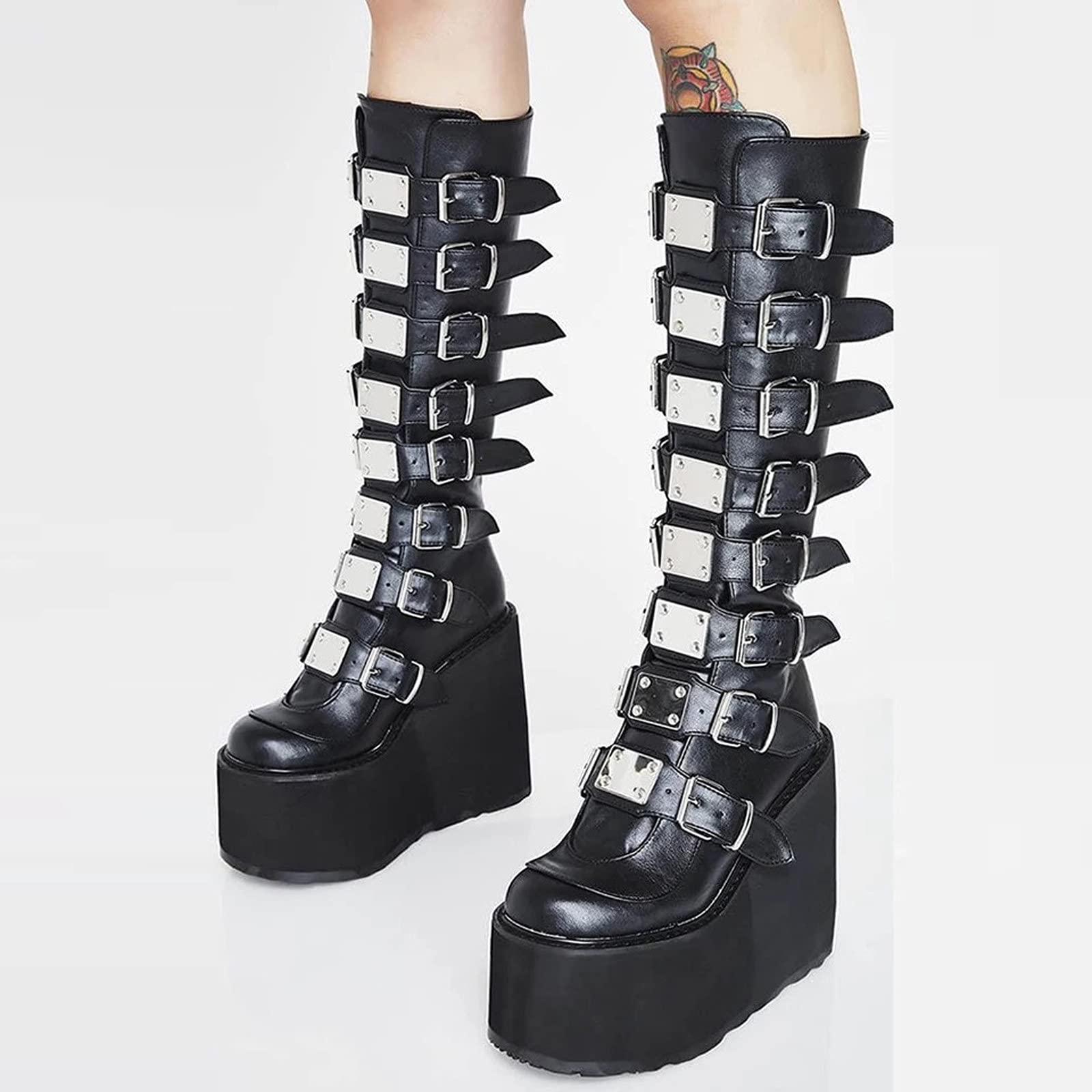 Stylish Women's Knee High Platform Boots - Gothic Synthetic Leather Wedge Heel Motorcycle Boots for Evening & Biker Fashion | Perfect for Night Out, Club Wear & Gothic Style Outfits