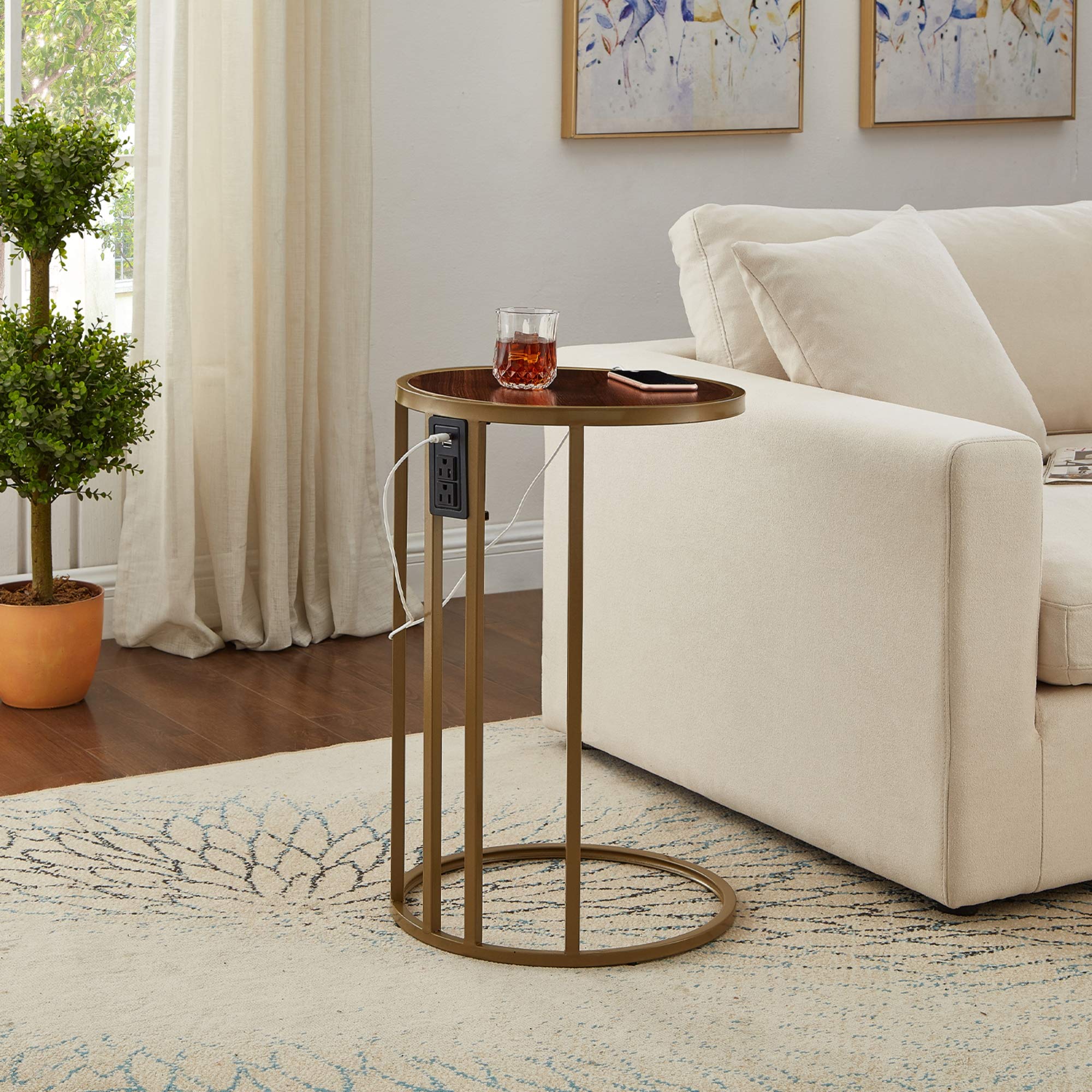 Loft Lyfe Round End Table with USB Port & Outlet - Modern C-Shaped Side Table for Living Room, Bedroom, or Office - Walnut & Gold Finish - Perfect Nightstand with Charging Station
