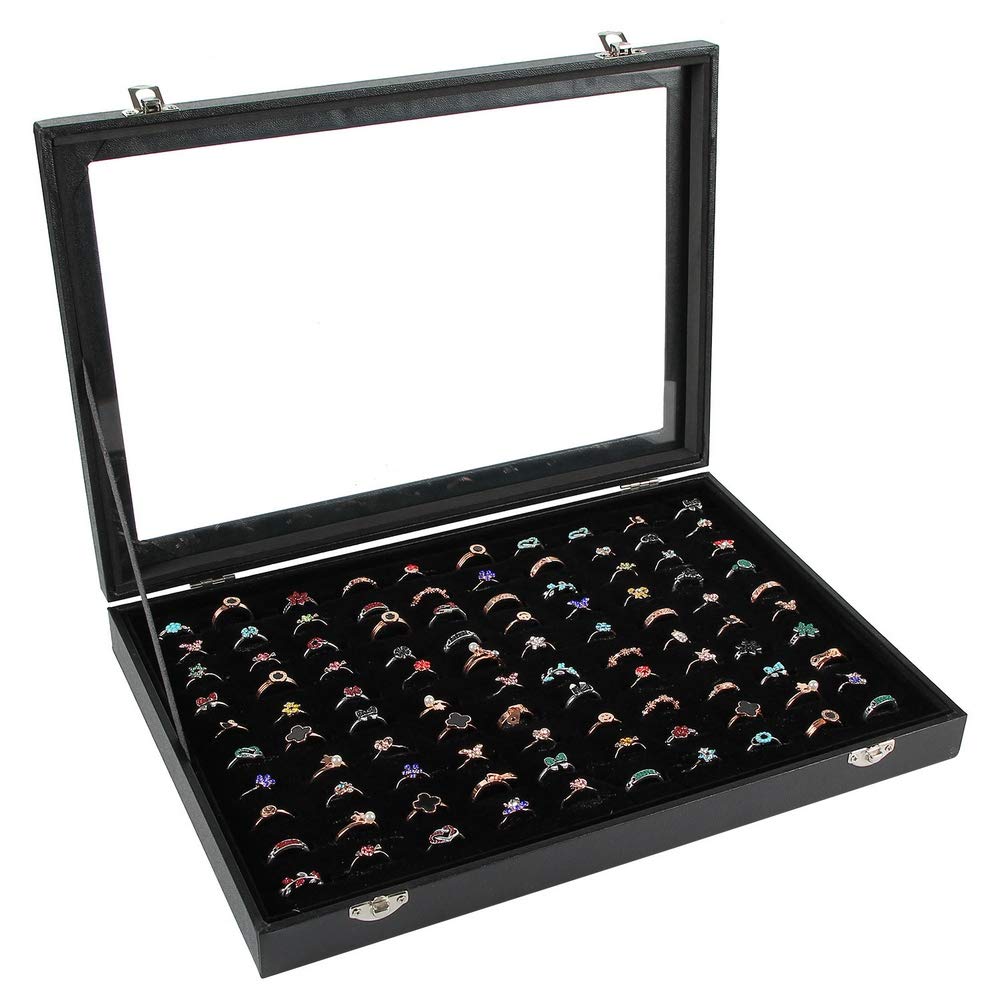 Premium Ring Display Case with Clear Lid - 100 Slot Jewelry Organizer Box for Rings, Studs & Earrings - Perfect for Store Showcase, Home Decor & Gift Packaging (Black)
