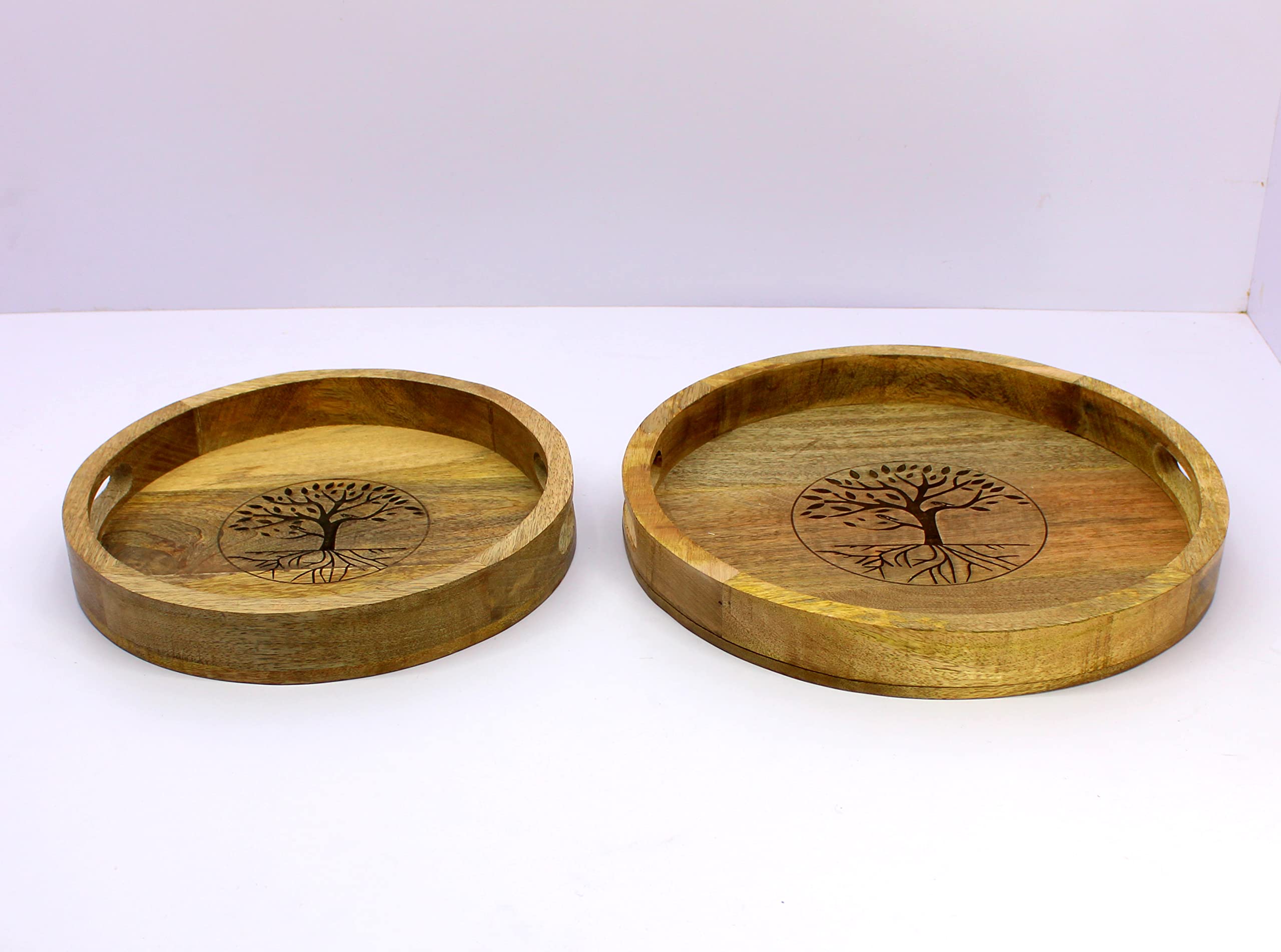KLEO Wooden Engraved Round Serving Trays Set of 2 - 14