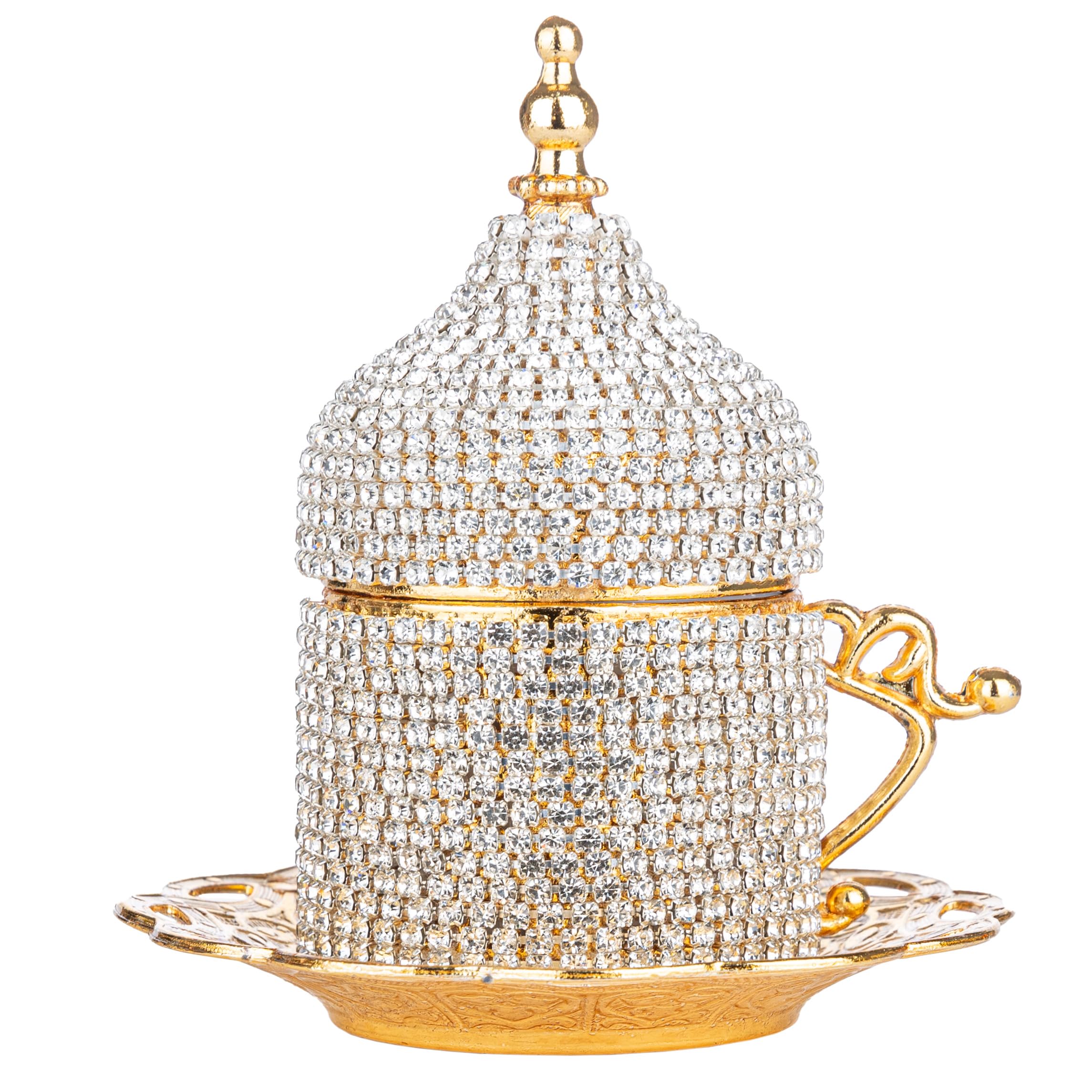 Premium Ottoman Turkish Greek Arabic Espresso Coffee Cup Set with Saucer & Lid - Crystal Glassware (2-Piece, Gold) - Perfect for Turkish Coffee, Espresso & Tea at Home or Cafe