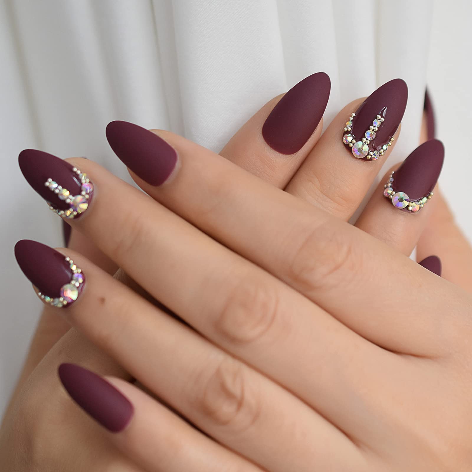 Short Fake Nails Set With Rhinestones - Frosted Almond Press On Nails | Stiletto Artificial False Nail Tips with Diamond Jewelry Design | Perfect for Parties, Weddings & Special Occasions