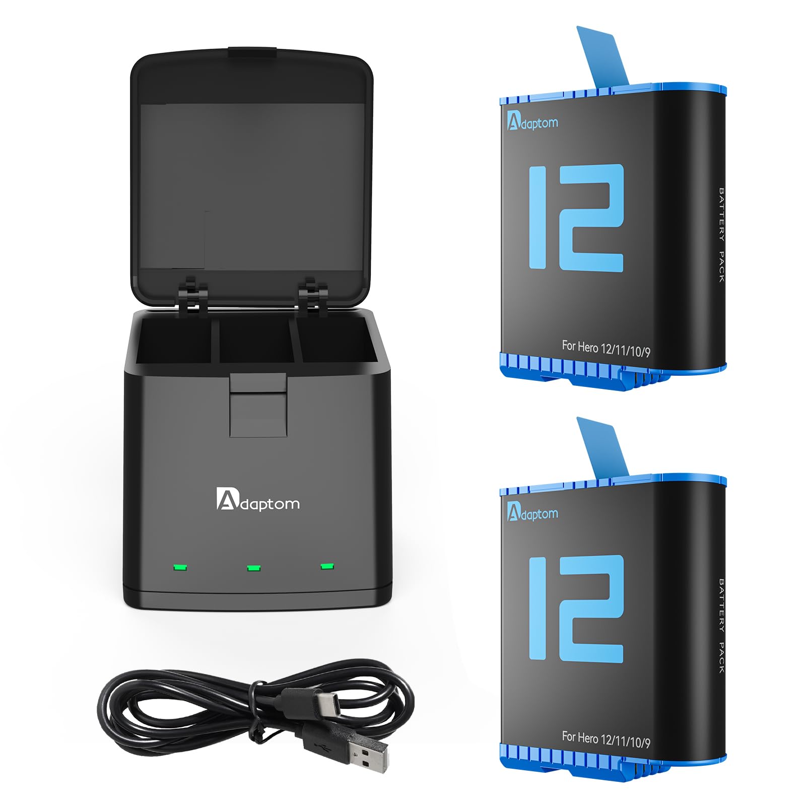 2-Pack GoPro Hero 12/11/10/9 Battery Charger with Triple Storage - USB Quick Charger & Rechargeable Battery Compatible with GoPro Hero 9/10/11/12 - Perfect for Travel, Vlogging, and Outdoor Adventures