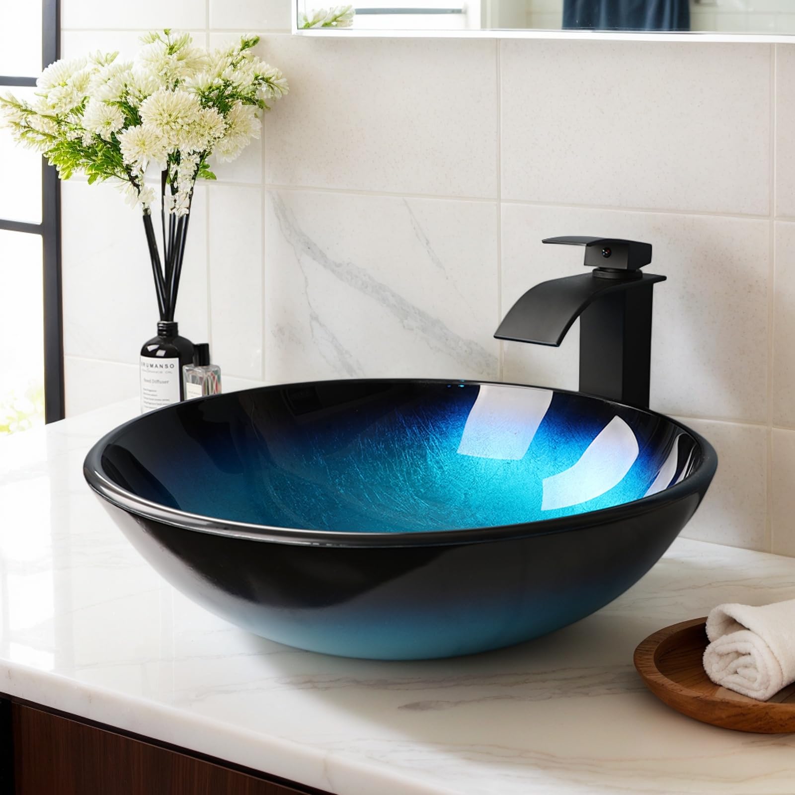 Black Glass Vessel Sink for Bathroom - Round Vanity Sink Bowl with Faucet & Drain Set - Modern Blue Bathroom Countertop Sink Combo - Perfect for Master Bath, Guest Bath & Powder Room Renovations