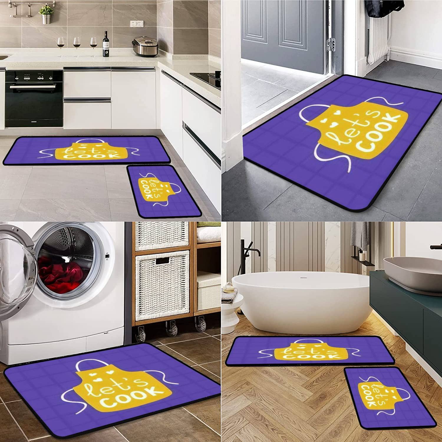 Cute Cartoon Style Kitchen Rugs Set - Non-Slip Washable Kitchen Runner with Apron & 'Let's Cook' Lettering - Perfect for Floor Mats, Doormats, Bath Rugs & Comfortable Standing Decor - Ideal for Kitchens, Entryways & Laundry Rooms