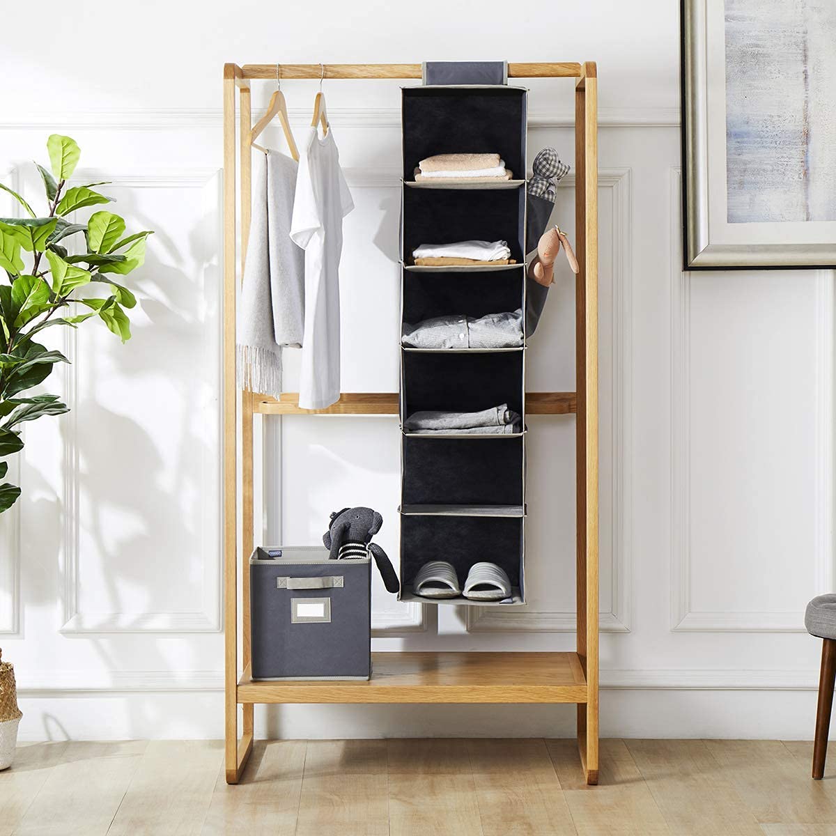 6-Shelf Hanging Closet Organizer with Side Pockets - Space Saving Cloth Storage for Clothes, Shoes & Accessories - Durable Cationic Polyester - Perfect for Bedroom, Dorm, Apartment & Small Spaces