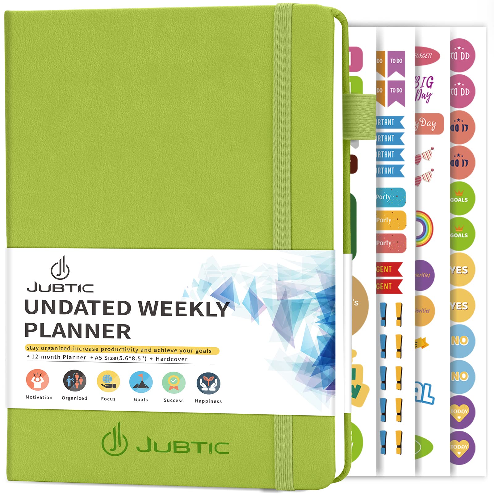 JUBTIC Undated Planner 2025 - Weekly & Monthly Productivity Planner with Stickers, Appointment Book for Time Management, Goal Setting & Work Organization (Light Green) | Perfect for Students, Professionals & Busy Moms