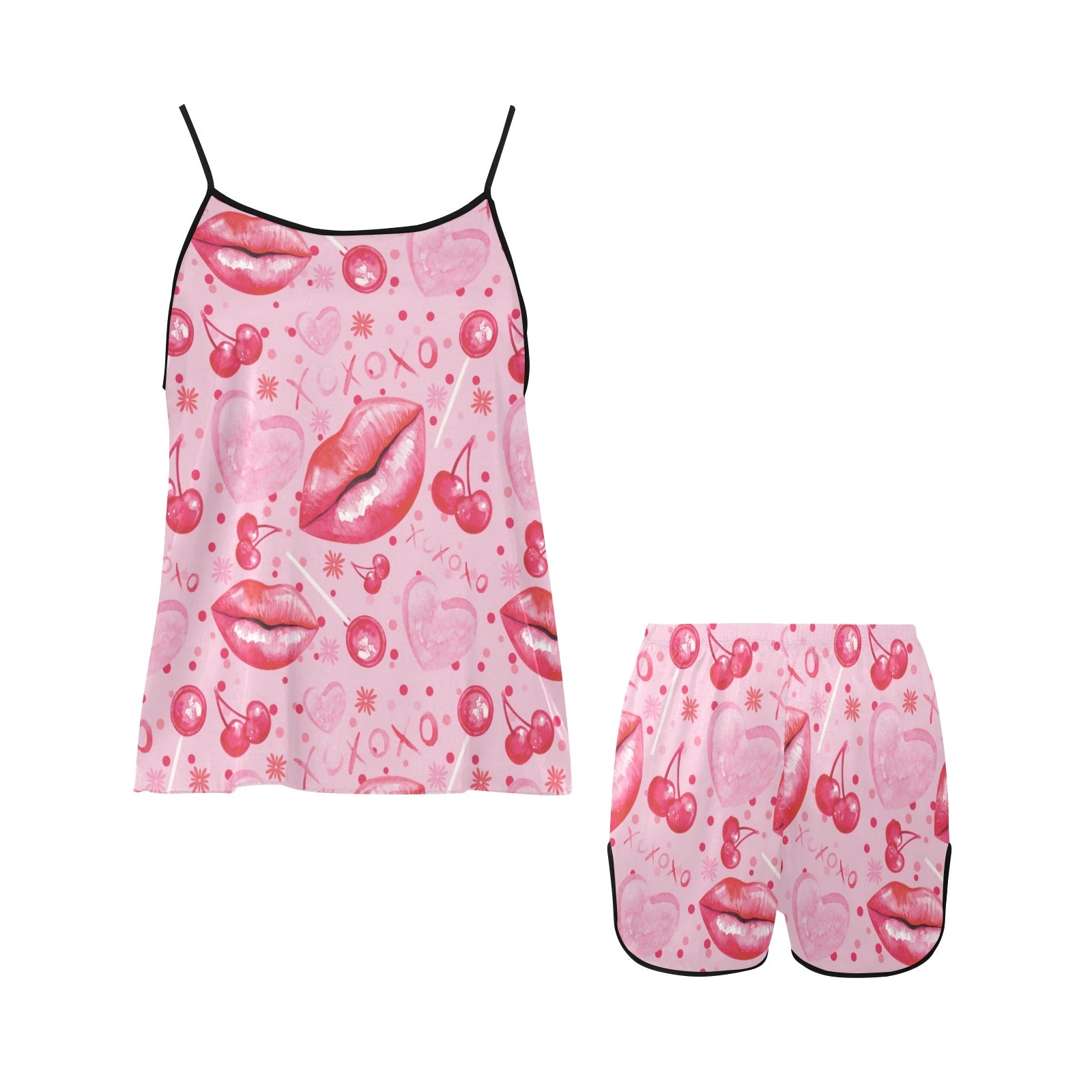 Cherry Love Spaghetti Strap Short Pajama Set for Women - Soft Summer Sleepwear & Lounge Outfit - Perfect for Bedtime, Relaxing at Home, and Vacation Comfort