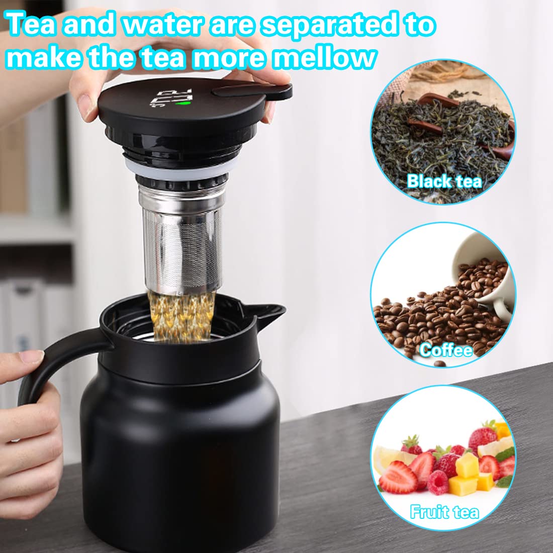 Premium Stainless Steel Vacuum Teapot with Infuser & Strainer - 800ML Black Tea & Coffee Maker with Temperature Display - Perfect for Home, Office & Tea Ceremonies