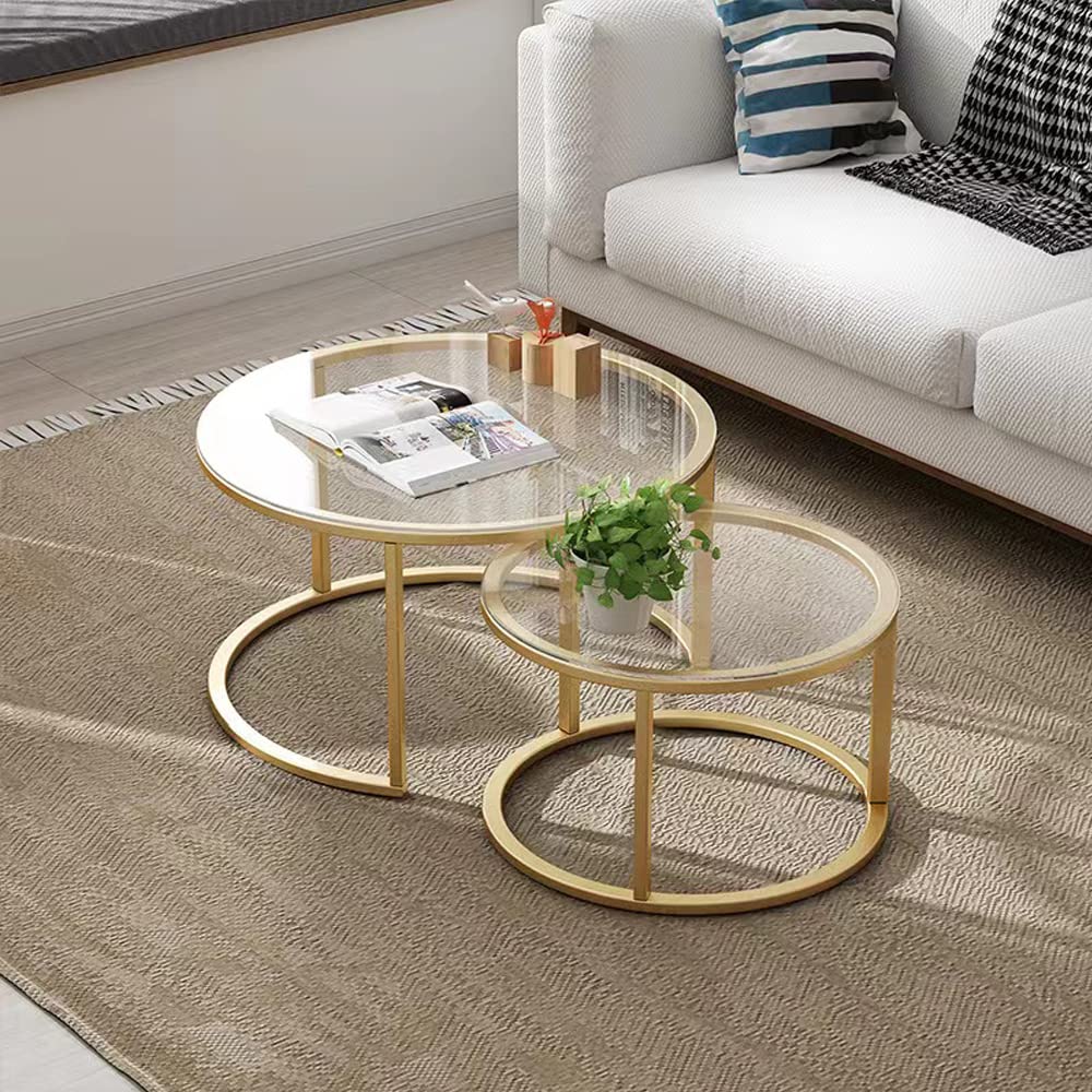 HEONITURE Gold Nesting Coffee Table Set of 2 - Modern Small Glass Side Tables with Metal Frame for Living Room, Bedroom, Office - Perfect Accent Tea Tables for Coffee, Books & Decor