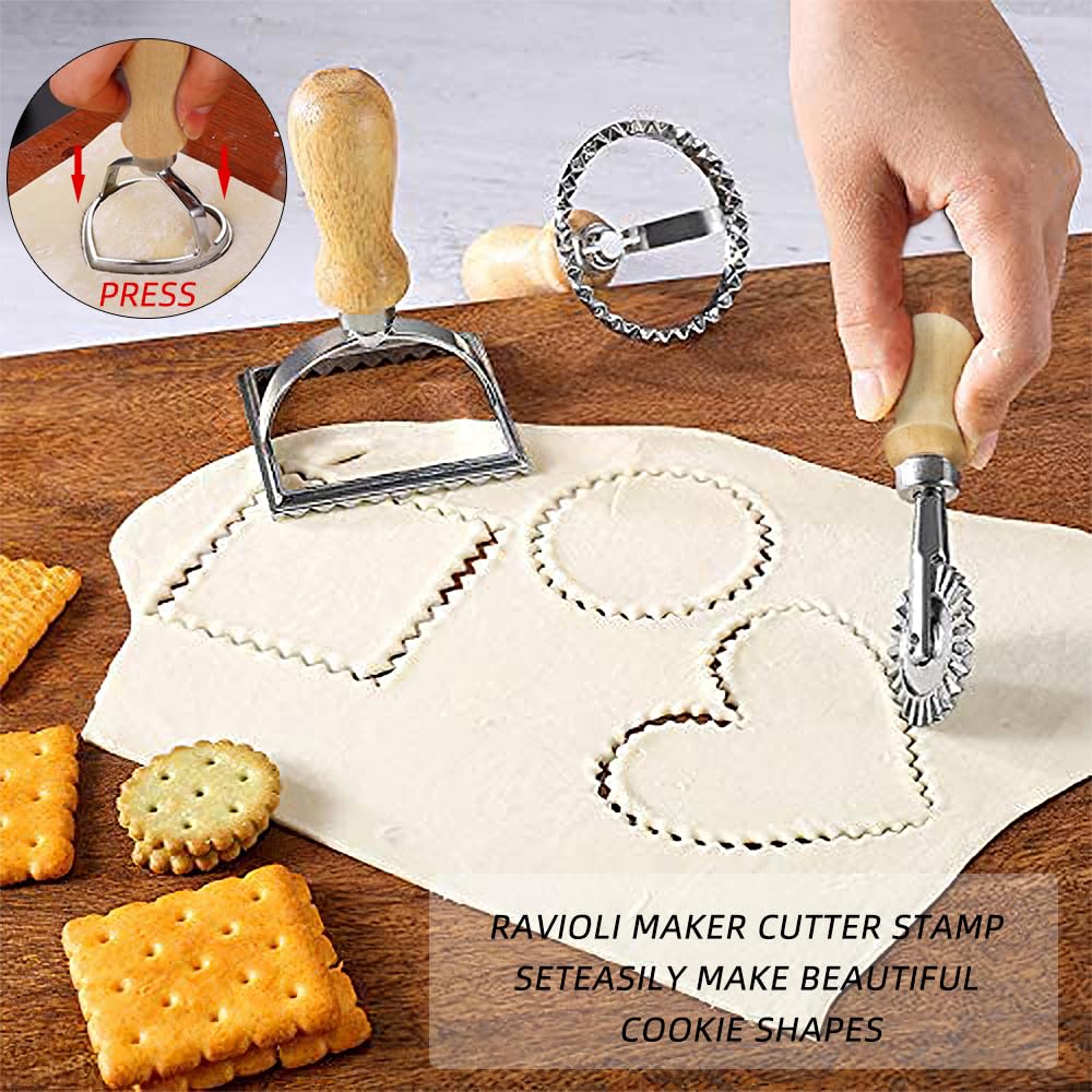 Premium Ravioli Stamp Set - 3 Pasta Press Molds (Round, Square, Heart) with Roller Wheel Cutter | Handmade Pasta Making Kit for Italian Cooking, Family Dinners & Gourmet Kitchen Gifts