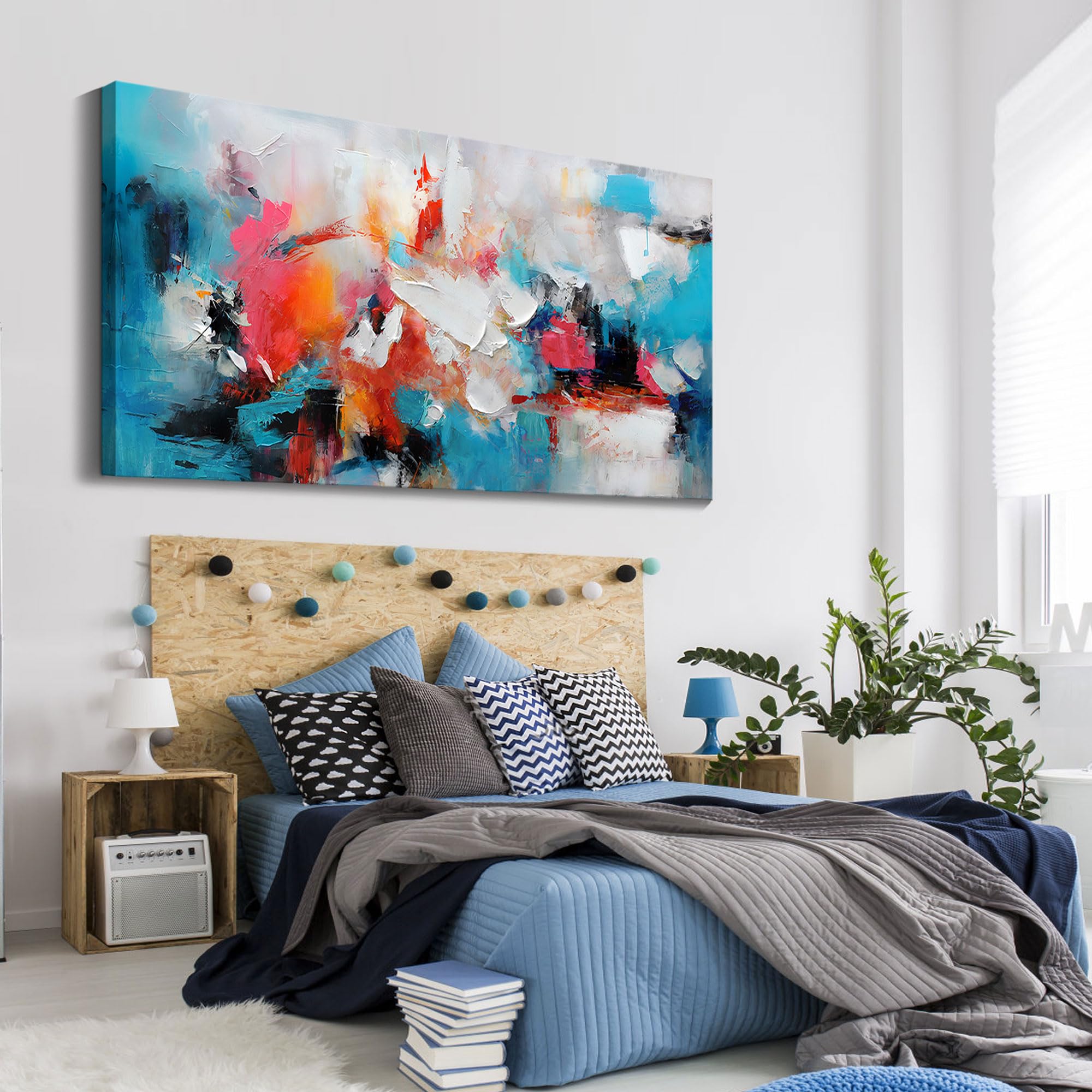 Large Abstract Wall Art Canvas - Hand-Painted Blue and Pink Modern Painting for Living Room, Bedroom, Office & Dining Room Decor - 29×58 Inch Wall Decor for Home & Workspace