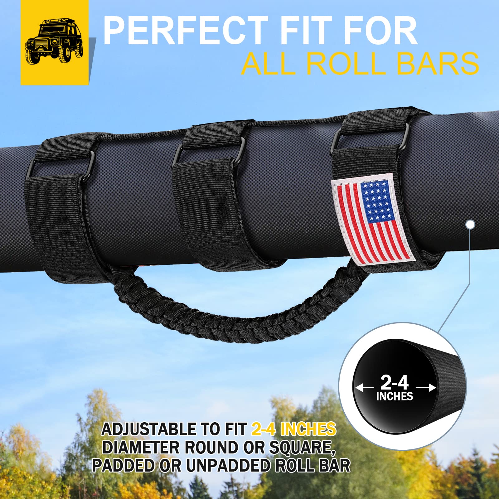 4 Pack Roll Bar Grab Handles for Jeep Wrangler JL JK TJ YJ & Gladiator (1955-2023) - Heavy Duty Paracord Grip with Upgraded Metal Buckles - Perfect for Off-Roading, Camping & Jeep Accessories