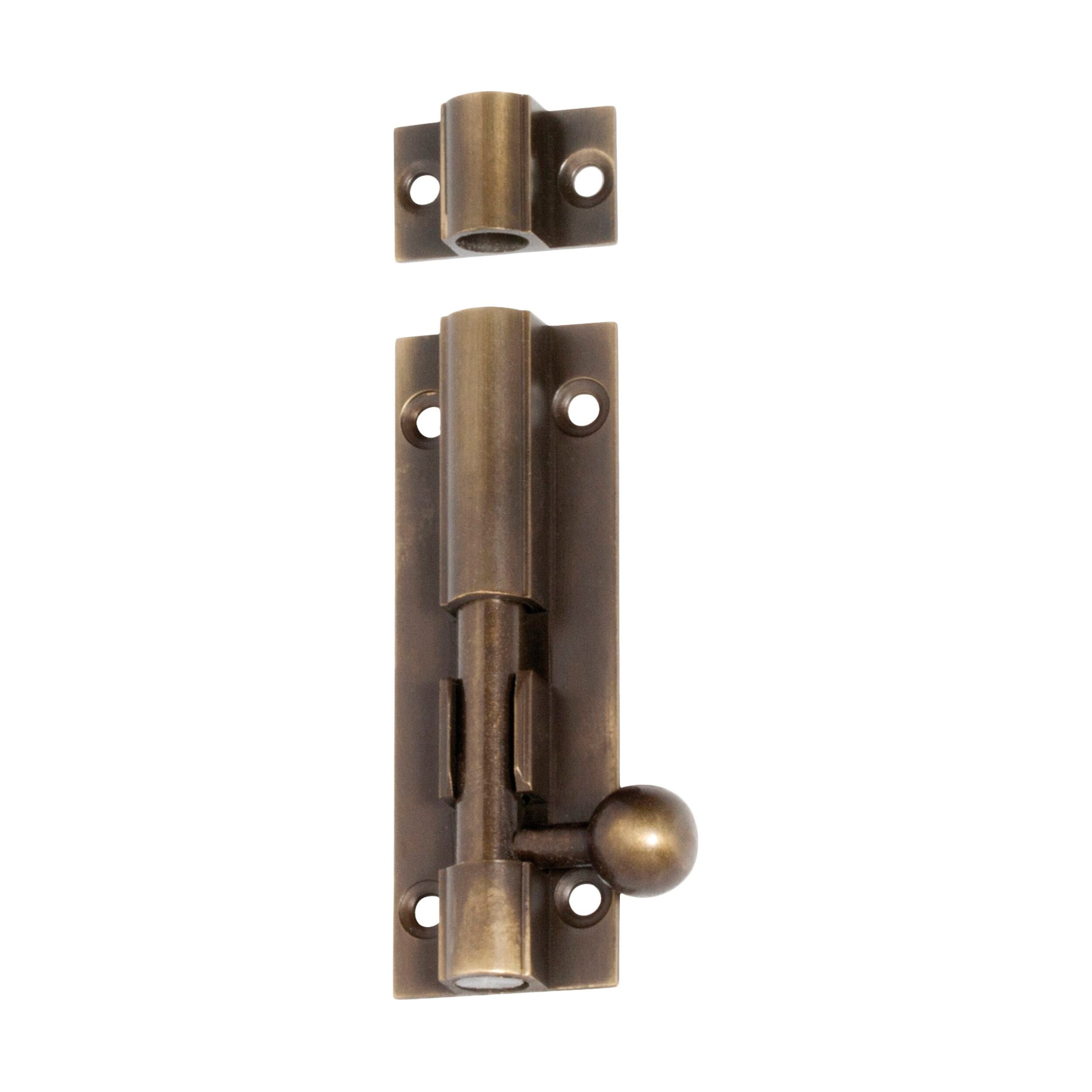 2320 Barrel Bolt Antique Brass - 7.5mm Diameter, 75mm Length x 25mm Width - Heavy Duty Cabinet & Door Latch for Furniture, Gates, and Sheds
