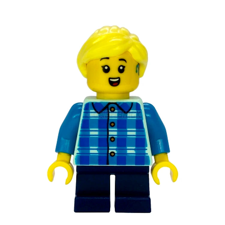 LEGO Minifigure Girl with Plaid Shirt & Dark Blue Legs - Perfect for Kids' Playtime, Collecting, and DIY City Building Scenes