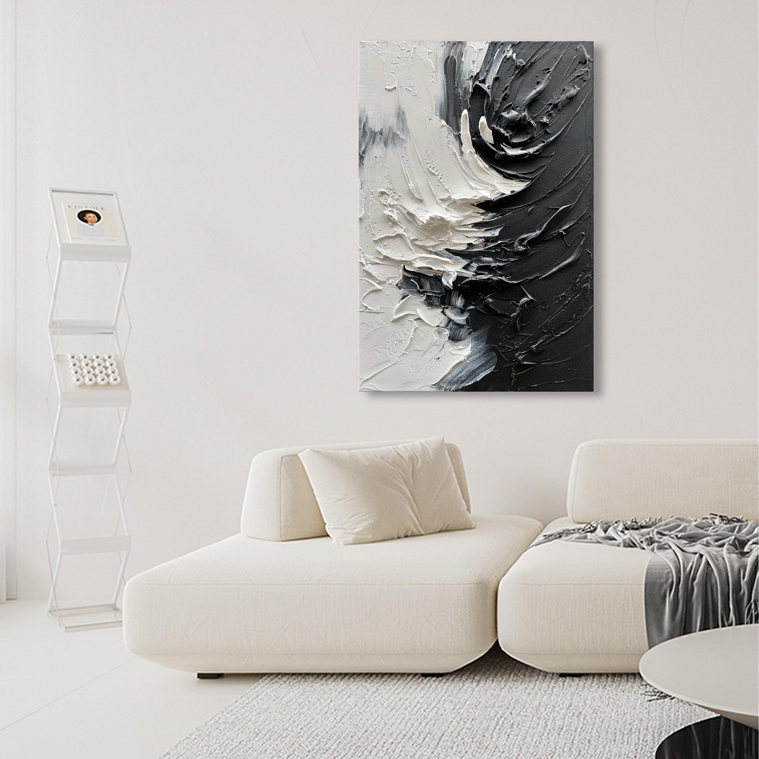 Hand-Painted Black and White Minimalist Oil Painting - 36x24 Inches Thick Texture Canvas Wall Art for Living Room, Bedroom & Office Decor | NANKAI Art