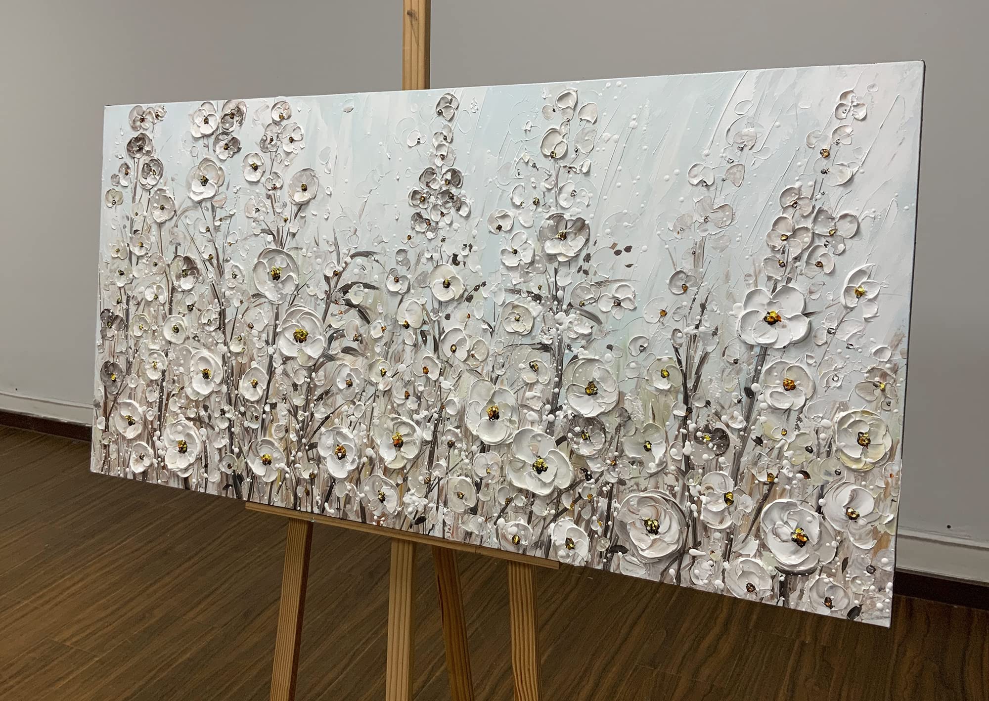 Yotree 24x48 Inch Hand-Painted White Flowers Oil Painting on Canvas - Framed Modern Floral Wall Art for Living Room & Bedroom Decor - Ready to Hang Gallery Wrapped Artwork - Perfect for Home, Office & Wedding Gift