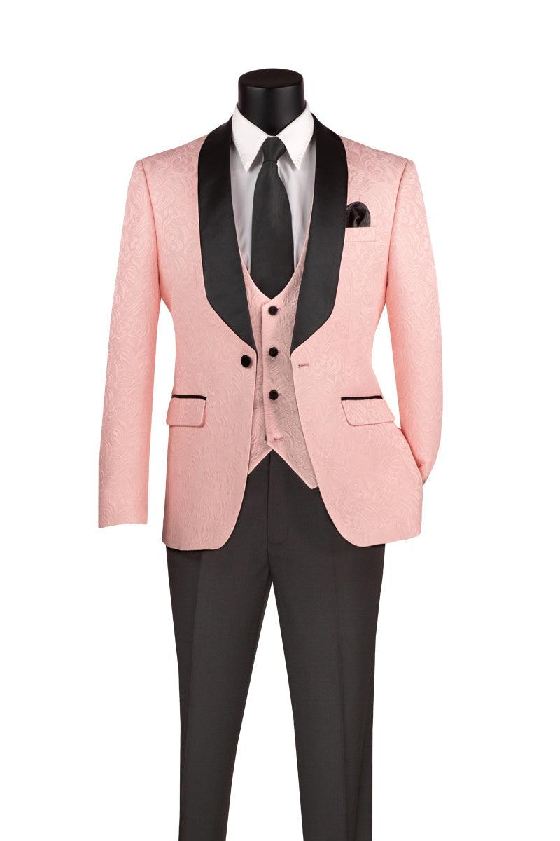 Elegant Pink Jacquard Three-Piece Slim Fit Tuxedo Suit for Men - Formal Wedding, Prom, Gala & Special Occasions