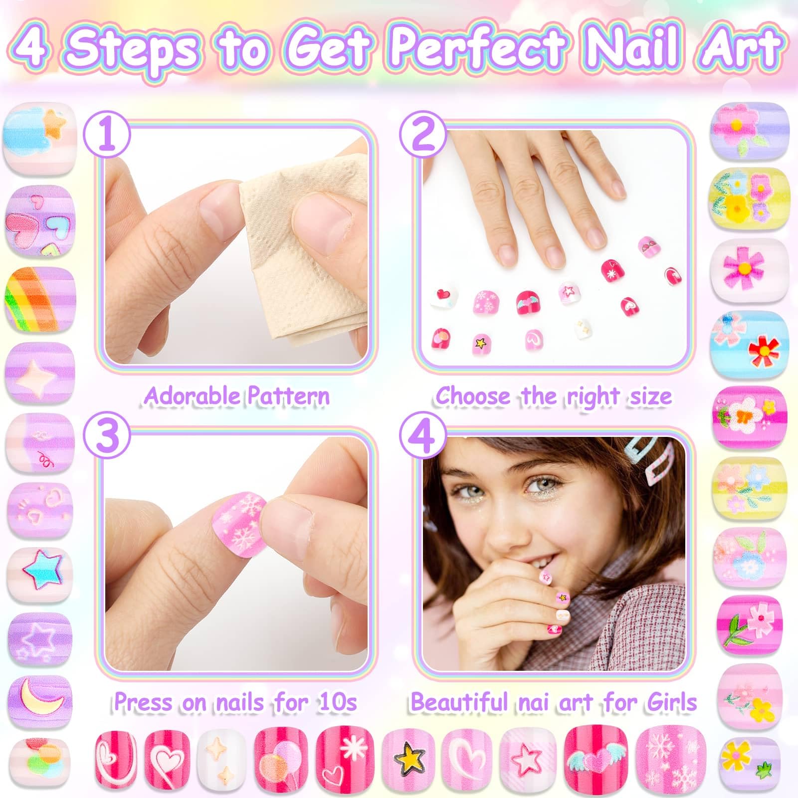 144-Piece Kids Press-On Nails Kit - Short Fake Nails for Girls, Full Cover Stick-On Nail Tips - Perfect for Sleepovers, Spa Parties, Valentine's Day Gifts & DIY Manicures at Home