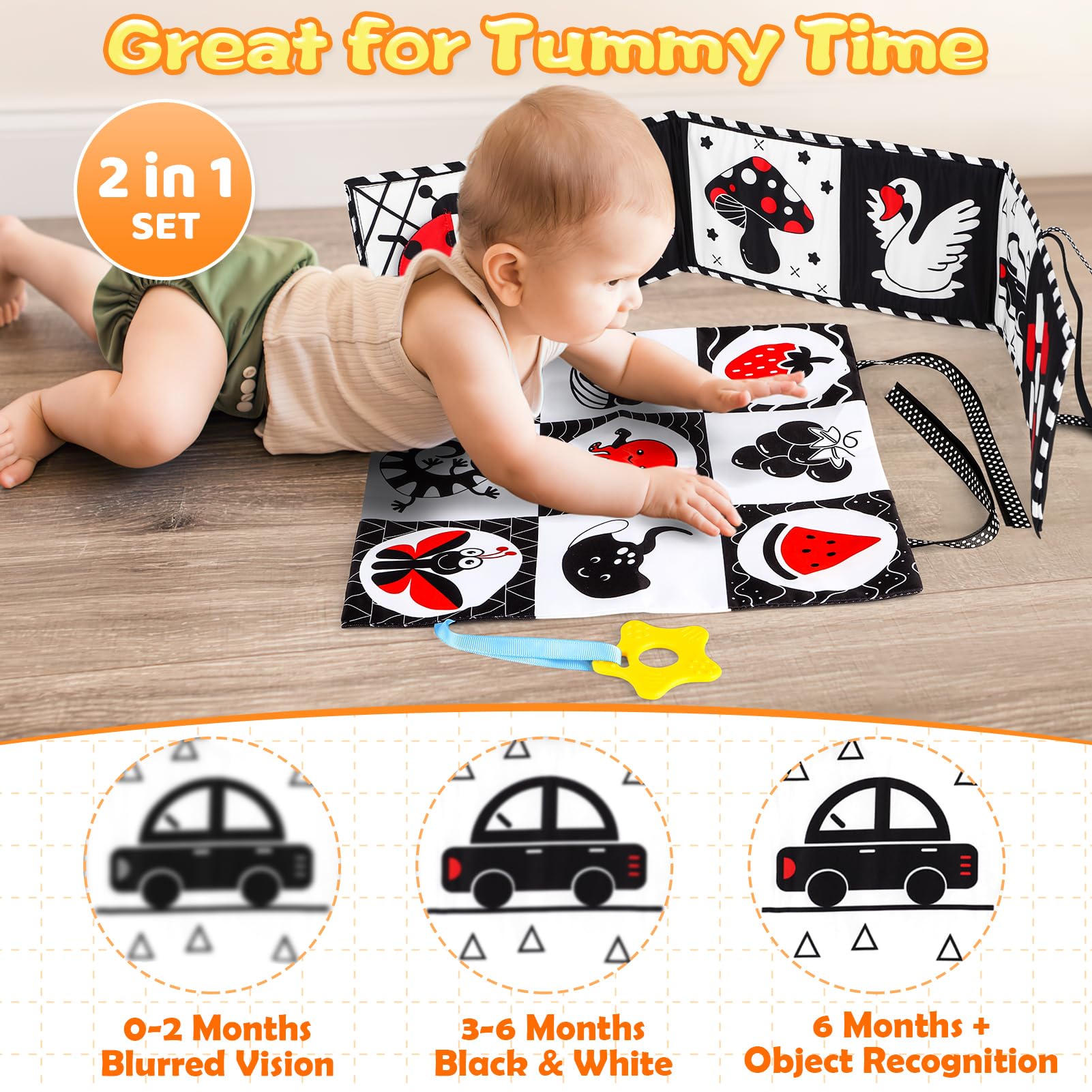 High Contrast Black & White Baby Toys 0-6 Months - Montessori Sensory Crinkle Toys for Newborns & Infants | Tummy Time, Car Seat & Stroller Toys | Soft Cloth Books for Baby Boys & Girls | Perfect Newborn Gift & Early Learning Development