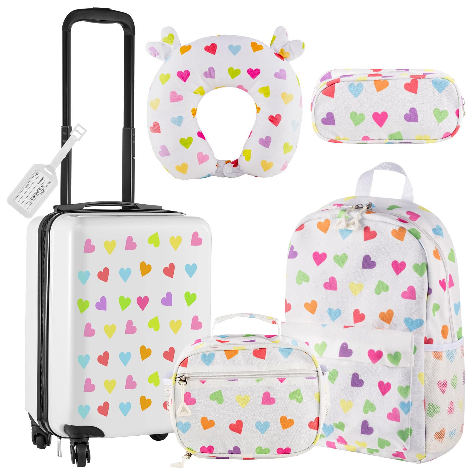 Redbaker 6-Piece Kids Luggage Set - 17 Inch Rolling Suitcase for Girls & Boys with Double Patterns, Perfect Gift for Travel (White Love Style) | Ideal for Family Vacations, School Trips & Sleepovers