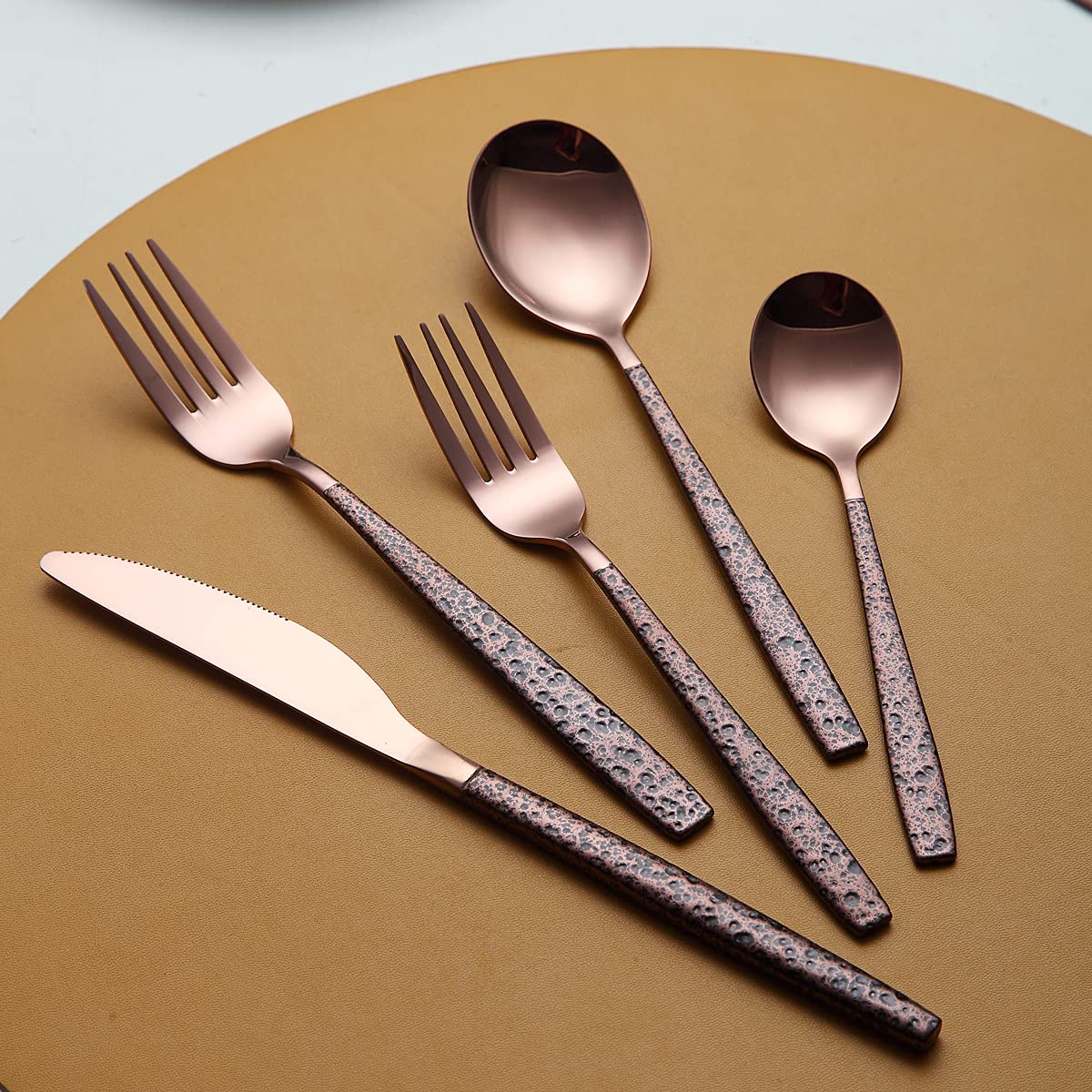 Berglander 20-Piece Silverware Set with Moon Surface Handle & Rose Gold Titanium Plating - Stainless Steel Modern Flatware Set for 4 - Elegant Dinnerware for Holidays, Weddings & Fine Dining