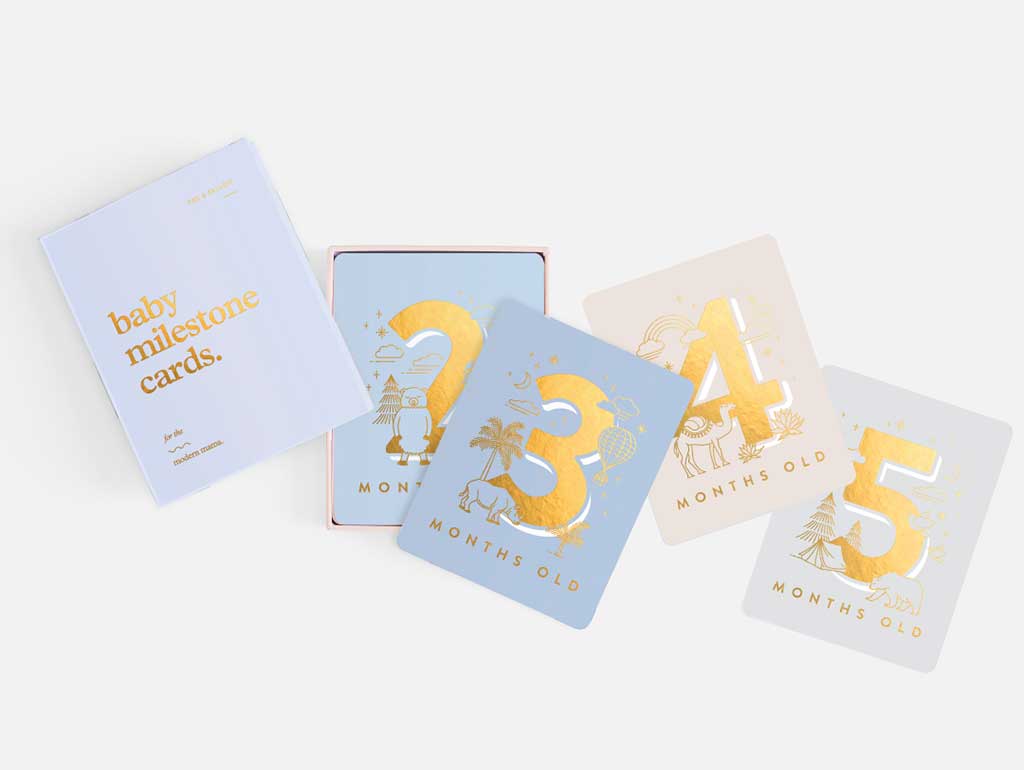 Gold Foil & Blues Baby Milestone Cards - 34-Piece Box Set for Newborn Photo Shoots & First Year Memories