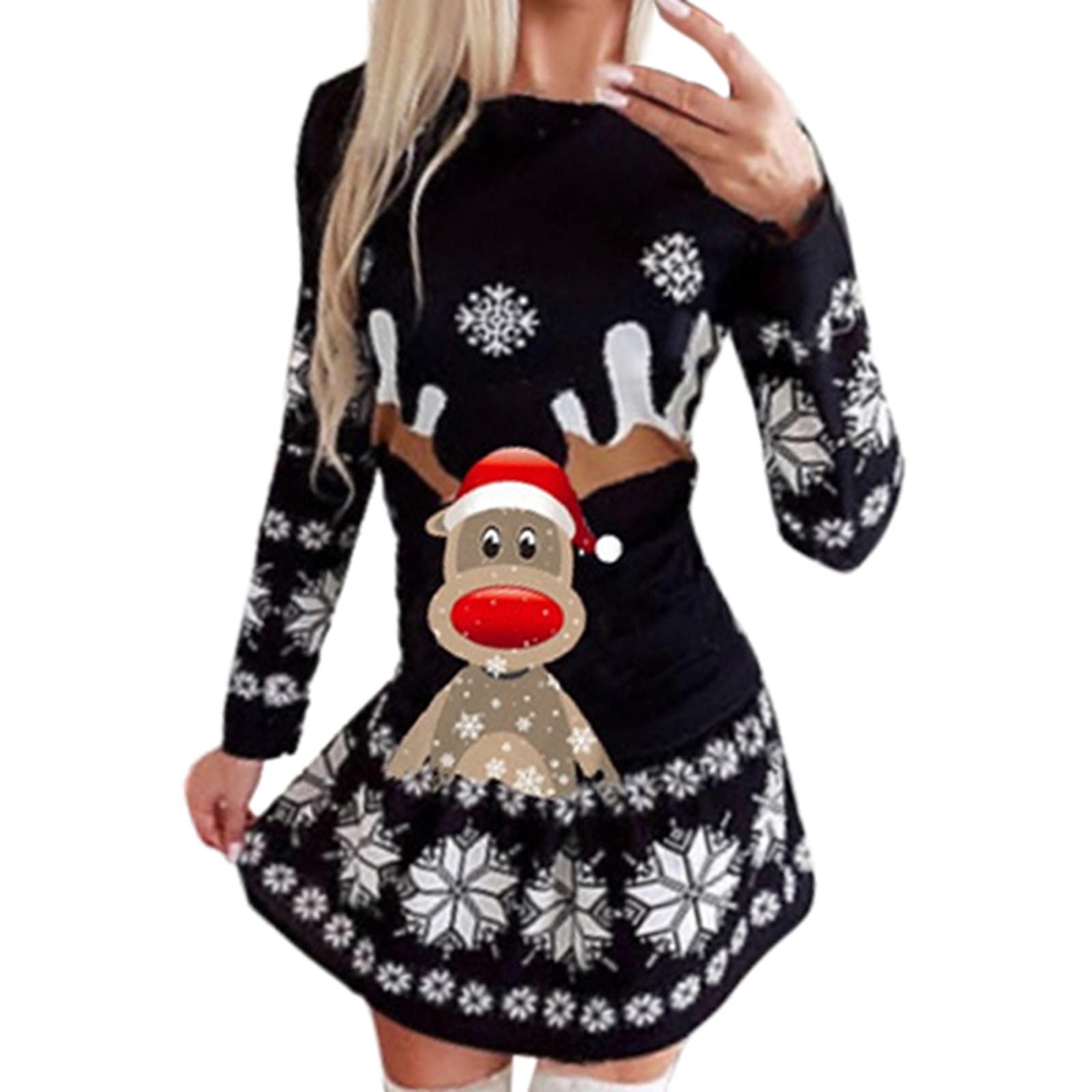 Women's Long Sleeve Round Neck Snowflake Print Party Dress - Elegant Christmas Holiday Casual Wear for Women | Perfect for Office, Holiday Parties & Winter Gatherings