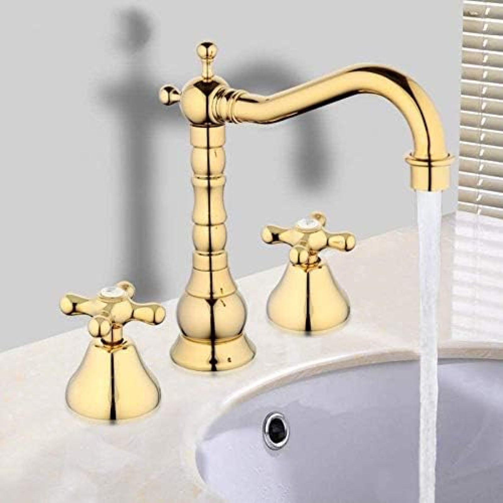 CRJUS 3 Deck Gold Finish Brass Kitchen Tap - Deck Mounted Bathroom Mixer Sink Faucet for Modern Kitchen & Bathroom Design