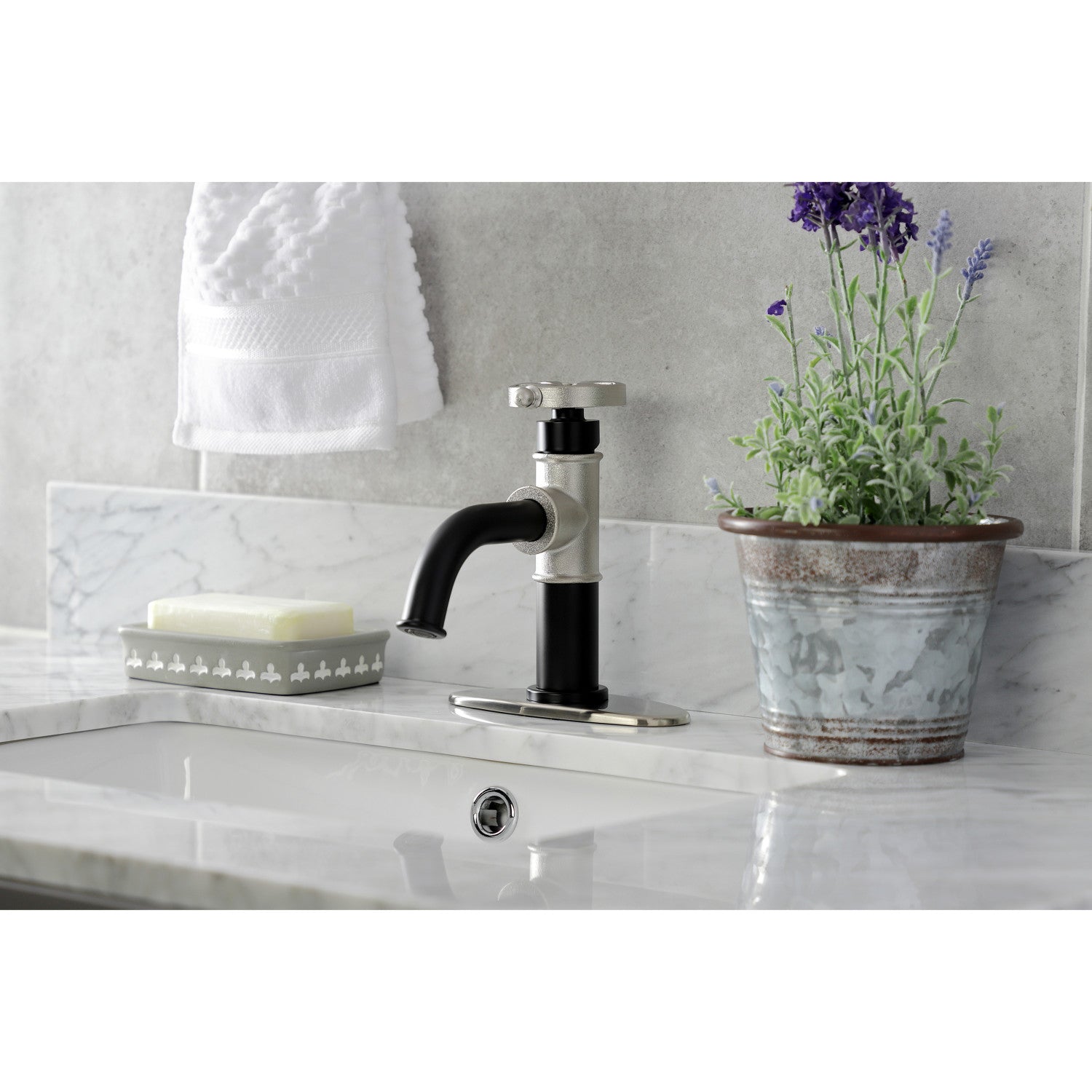 Belknap KSD2828RX Single Handle 1-Hole Bathroom Sink Faucet with Deck Plate & Push Pop-Up Drain - Matte Black/Brushed Nickel - Perfect for Modern Bathroom Renovations and Small Space Vanities