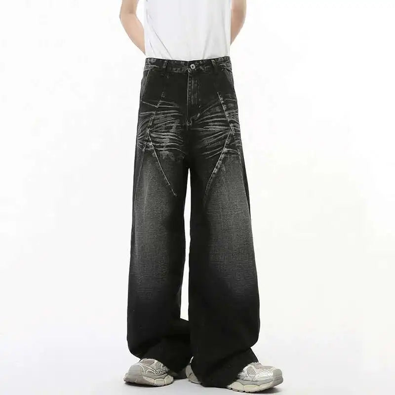American Style Men's Denim Jeans - Washed Cat Whisker Design with 3D Patchwork, Straight Leg Streetwear Pants for Men (Style 9C8202) | Perfect for Casual Outings, Street Fashion and Everyday Wear