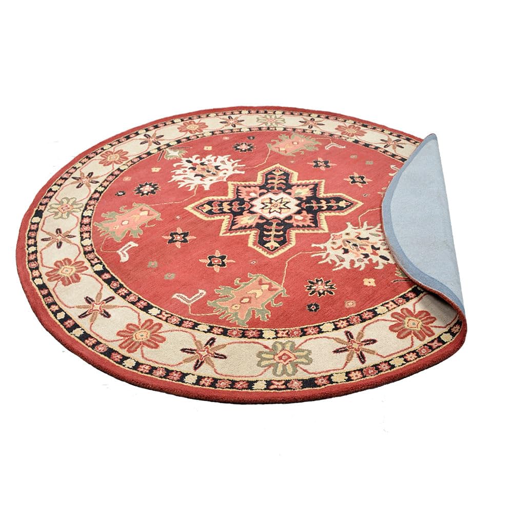 Hand Tufted Wool Eco-Friendly Round Area Rug 6'x6' - Red & Cream Oriental Traditional Design, High Pile Thick Non-Slip Handmade Rug (K00535) for Living Room, Bedroom & Home Decor