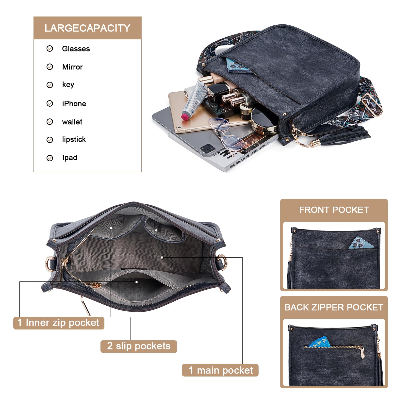 HKCLUF Women's Leather Crossbody Bag & Wallet Set - 2PCS Adjustable Guitar Strap Shoulder Purse for Everyday Use, Travel & Shopping