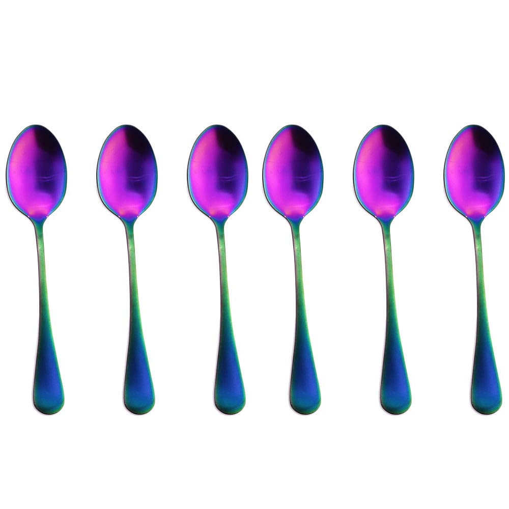 Vibrant Rainbow Matte 6-Piece 18/10 Stainless Steel Dessert Spoons - Salad & Serving Utensils Set for Parties, Ice Cream, Desserts & Tableware Decor