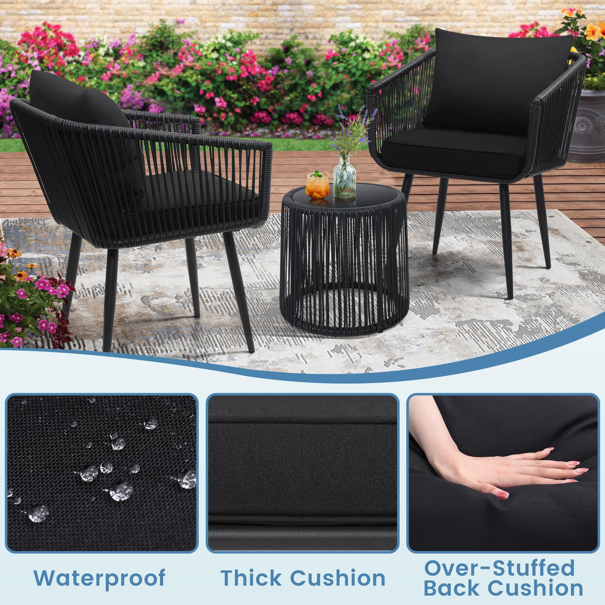 Kromax 3-Piece Patio Rattan Bistro Set - All-Weather Wicker Outdoor Furniture with 2 Chairs & Side Table - Perfect for Balcony, Porch, Backyard, Garden or Poolside - Black