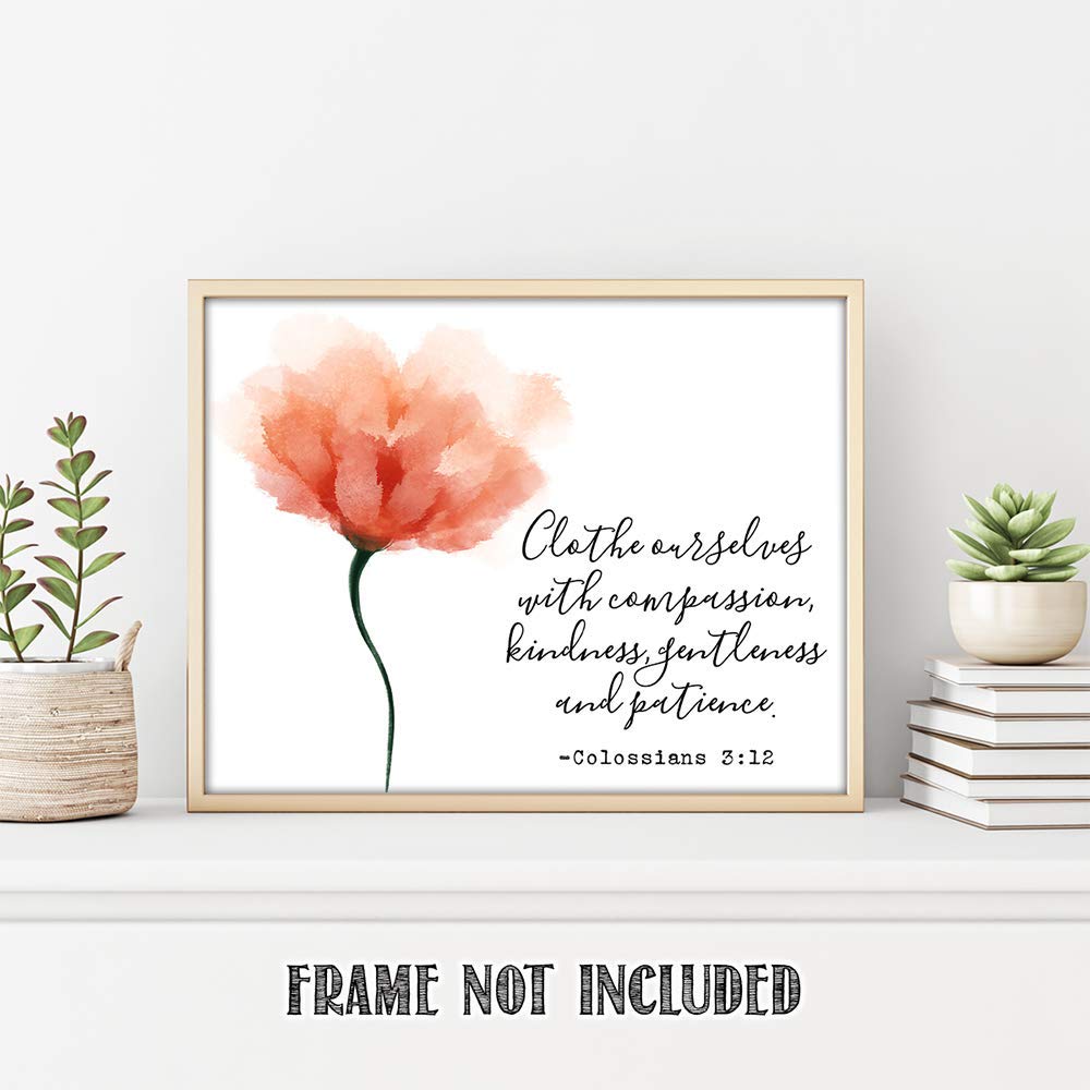 TJ Originals Christian Bible Verse Wall Art - Colossians 3:12 Inspirational Scripture Print 11x14, Compassion Quote Home Decor, Religious Gift for Women, Family & Friends (Flower Pastel) | Perfect for Living Room, Bedroom, Church & Office Decor