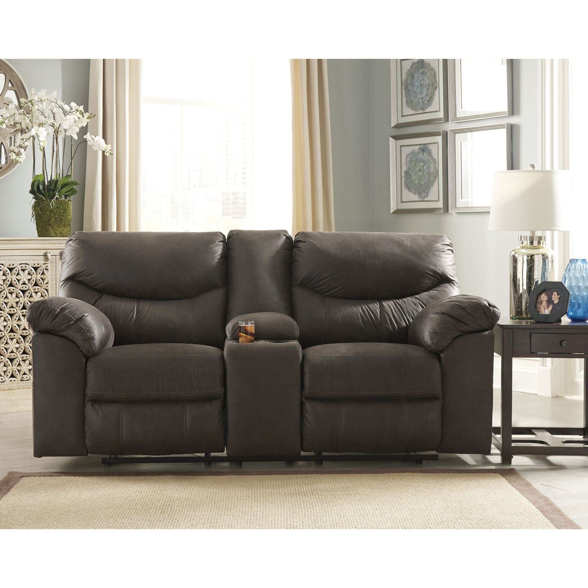 Boxberg Reclining Loveseat with Console - Teak Wood Modern Living Room Furniture for Small Spaces | Perfect for Apartments, Home Theaters & Cozy Lounging
