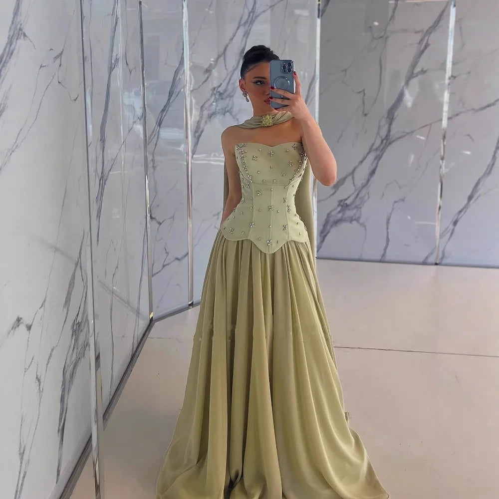 Elegant Sage Green Strapless A-Line Chiffon Evening Dress LA73073 for Prom, Wedding, Cocktail Party & Formal Events