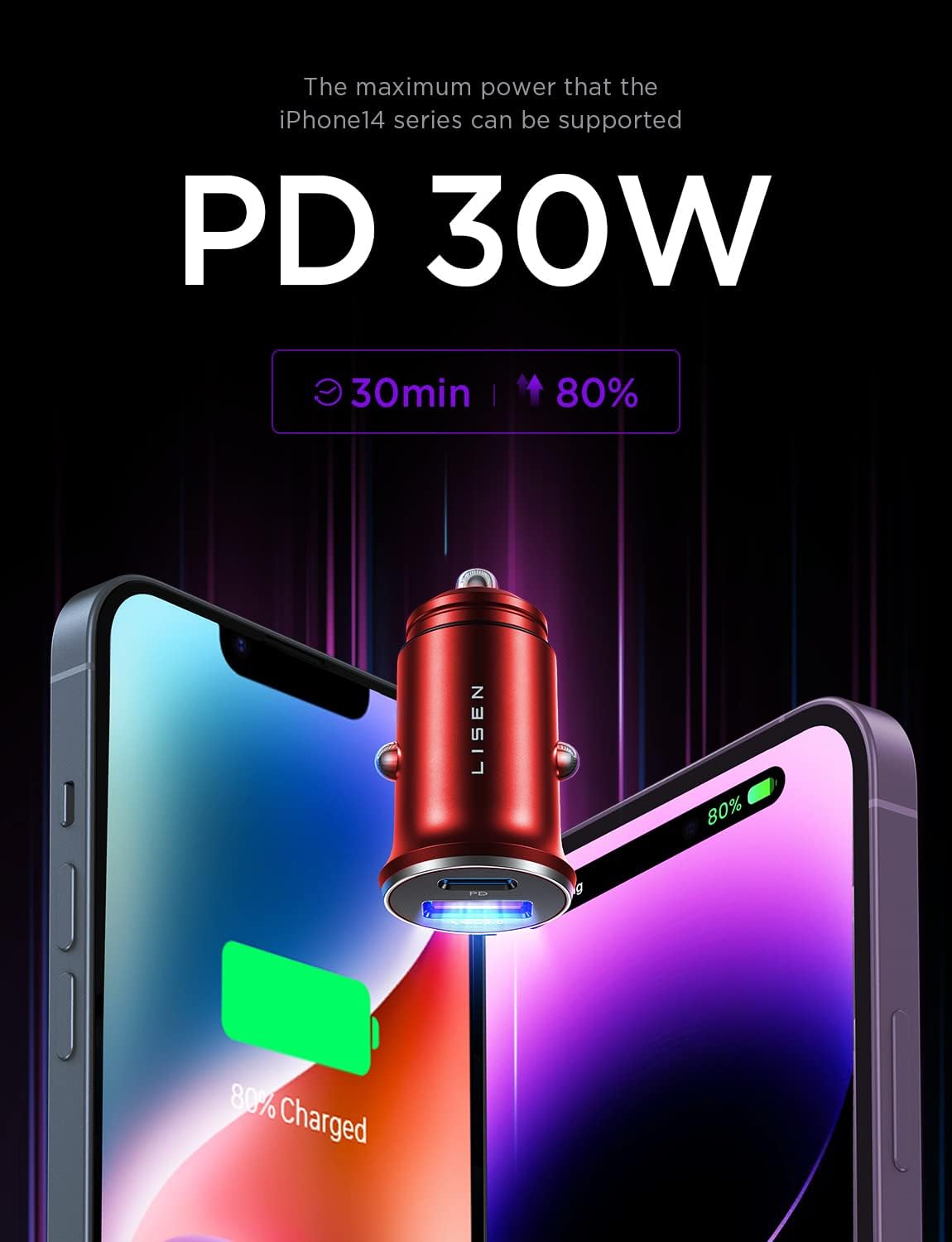 LISEN 54W USB C Car Charger Dual Port Fast Charging - QC3.0 & PD36W Cigarette Lighter Adapter for iPhone 16/15 Pro Max/Mini/Plus, Samsung Galaxy S23/S22 (Red) - Perfect for Road Trips & Daily Commutes