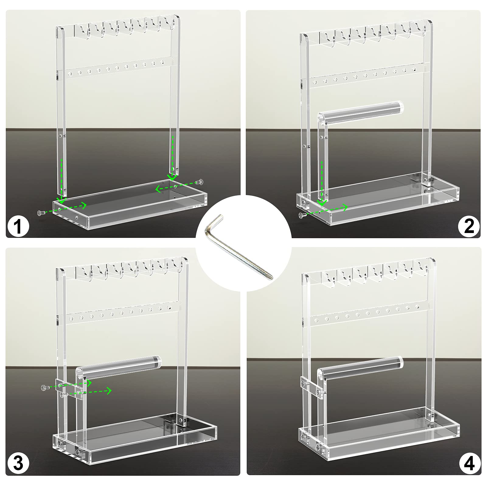 4-Tier Acrylic Jewelry Display Stand Organizer for Necklaces, Earrings, Bracelets, Rings & Watches - Jewelry Tree with Tray for Women & Girls - Perfect Gift for Bedroom, Bathroom & Vanity Organization