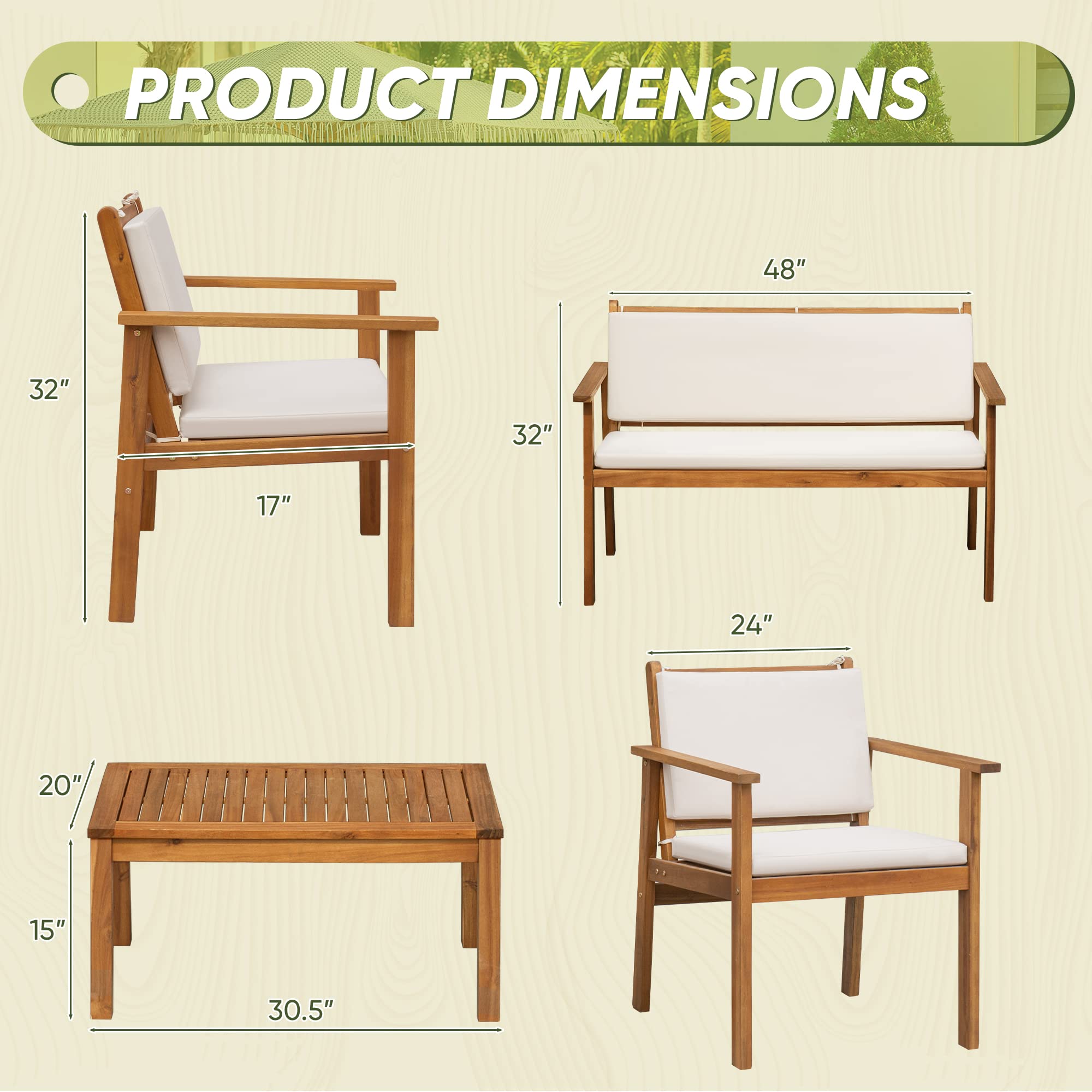Flamaker 4-Piece Acacia Wood Outdoor Patio Furniture Set with Table & Cushions - Durable Conversation Sofa for Deck, Balcony, Backyard, Garden & Poolside Relaxation